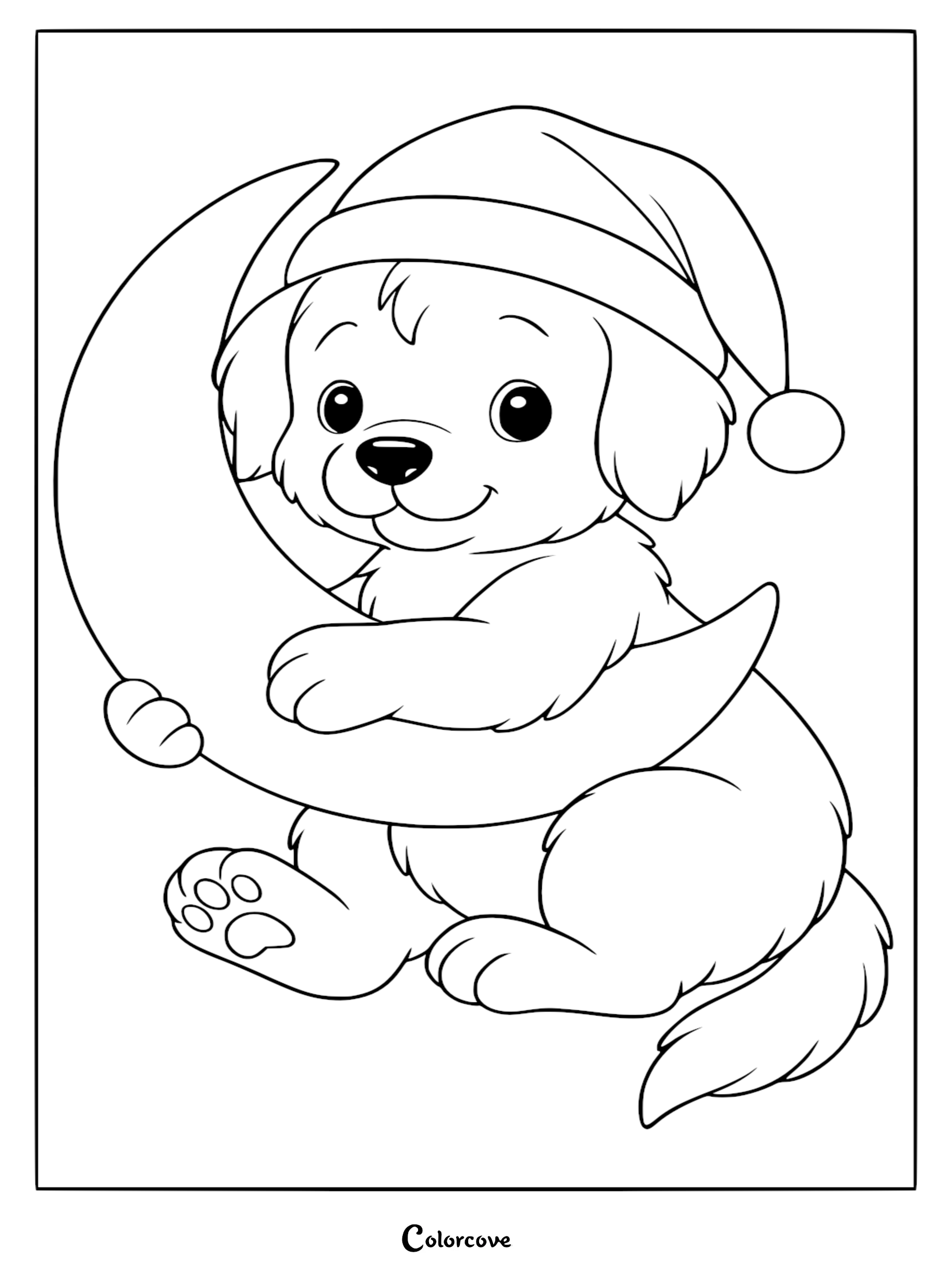A cute puppy wearing a nightcap and hugging a crescent moon in this printable coloring page.