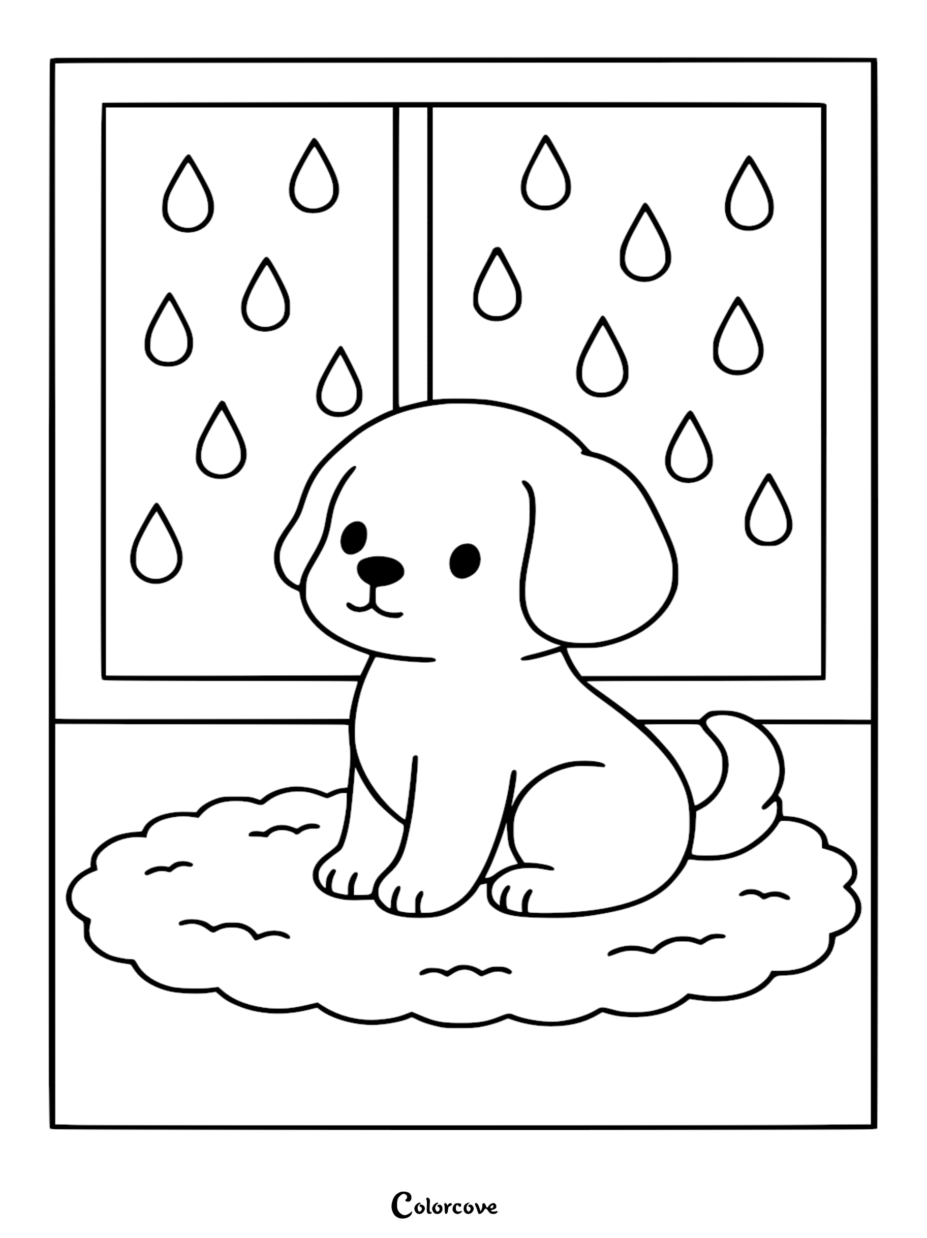 A cute puppy sitting on a fluffy rug by a window with raindrops falling outside, line art coloring page.