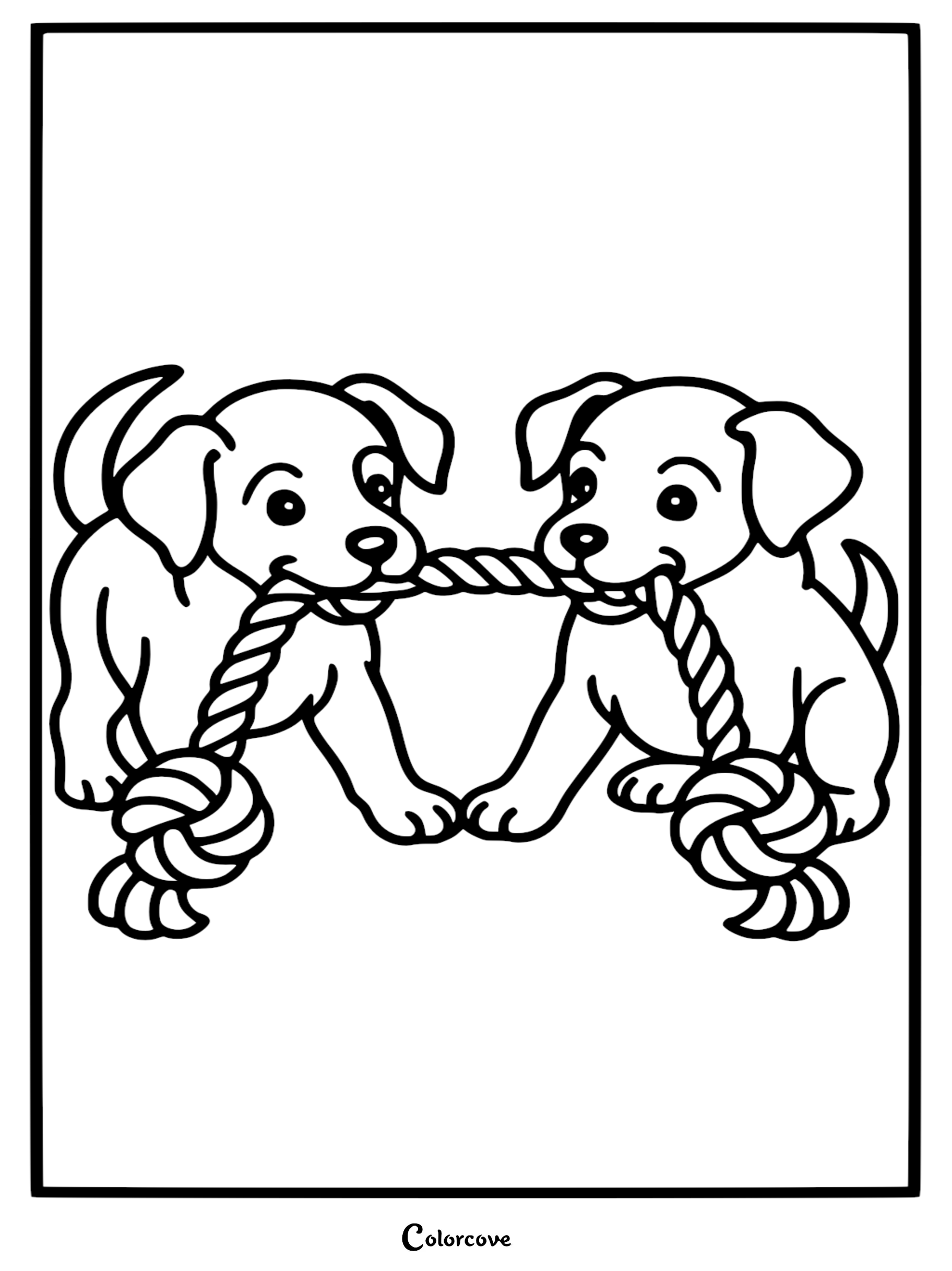 Two cute puppies playing tug-of-war with a knotted rope toy in this printable coloring page.