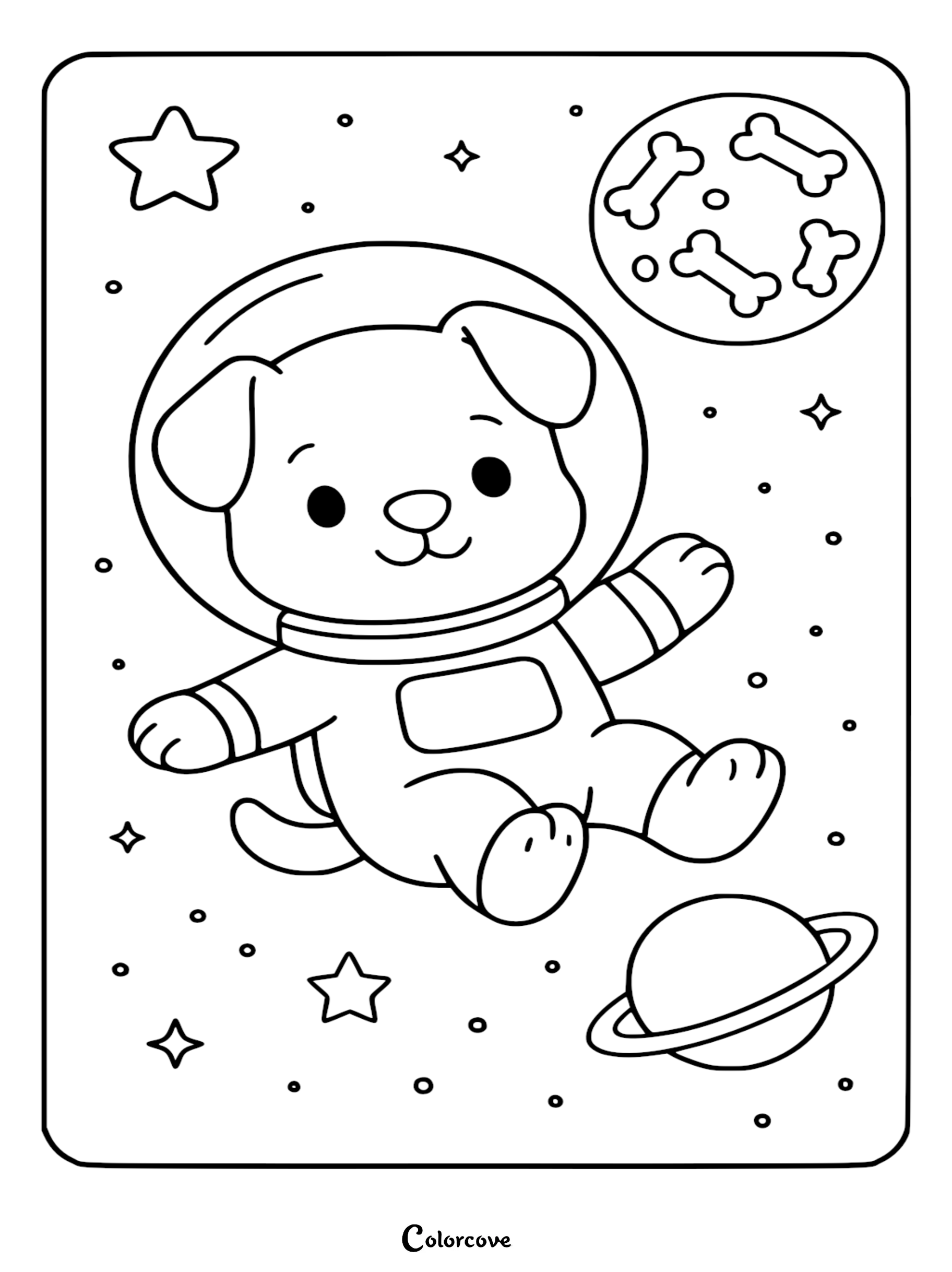 A cute puppy wearing a space suit floating in outer space near a bone-filled moon and a ringed planet in this printable coloring page.