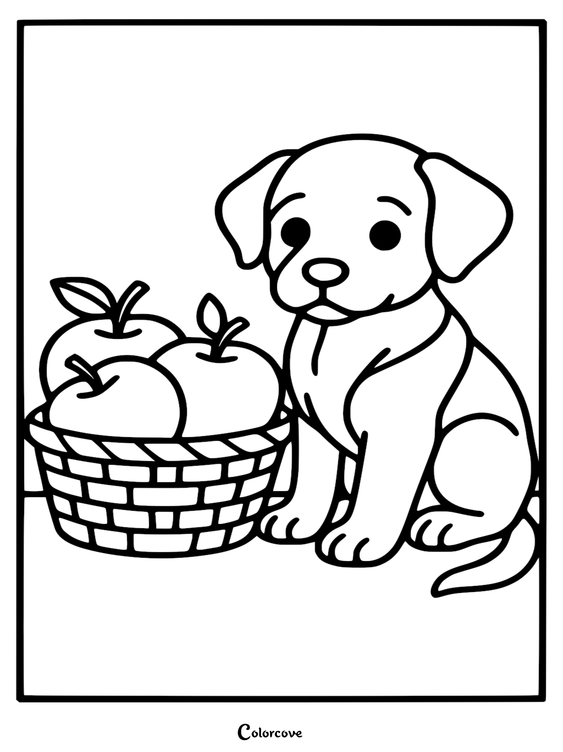 A cute puppy sitting next to a woven basket filled with three fresh apples in this simple line art coloring page.