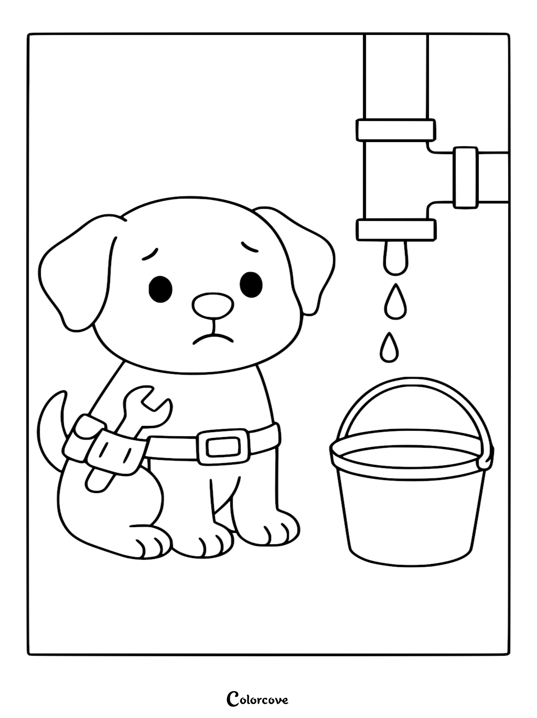 A sad puppy wearing a tool belt with a wrench sitting next to a leaking pipe and a bucket in this printable coloring page.