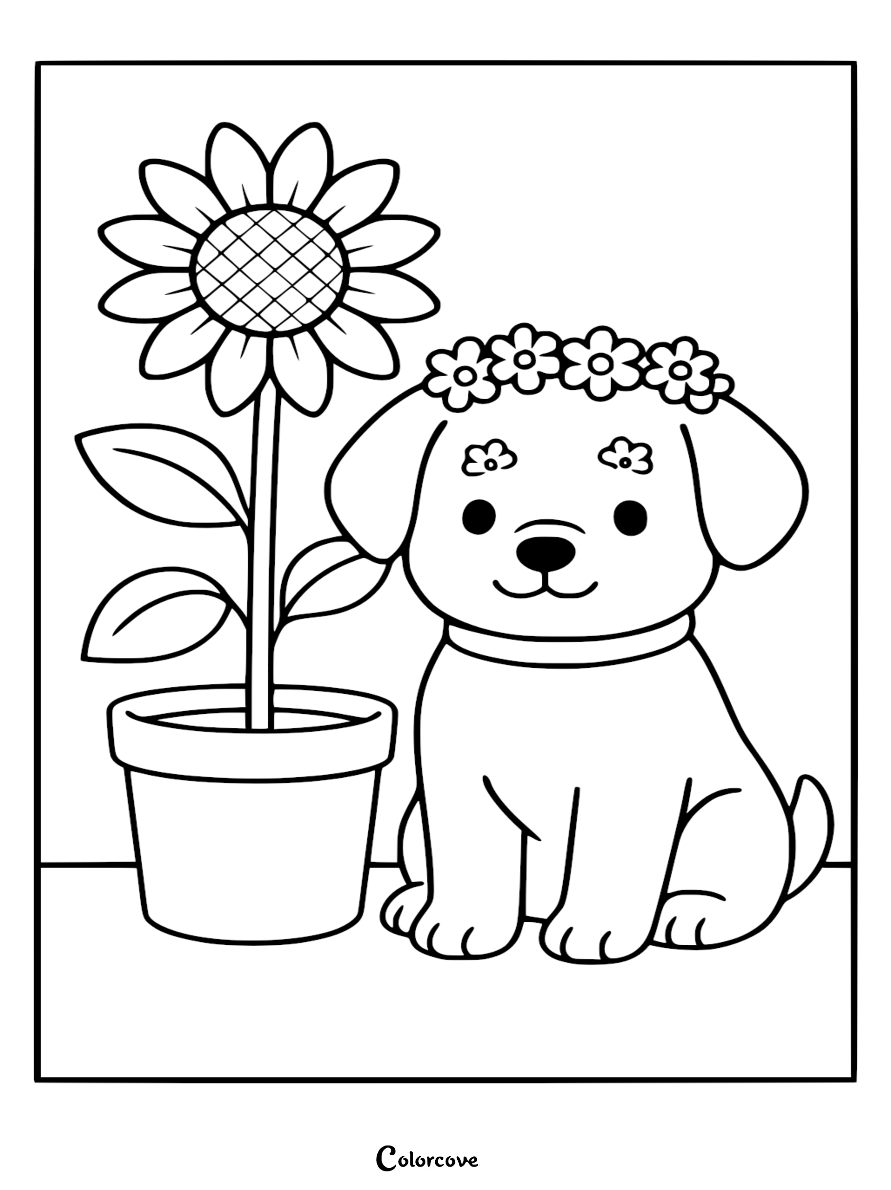 A cute puppy wearing a flower crown sitting next to a potted sunflower in this printable coloring page.