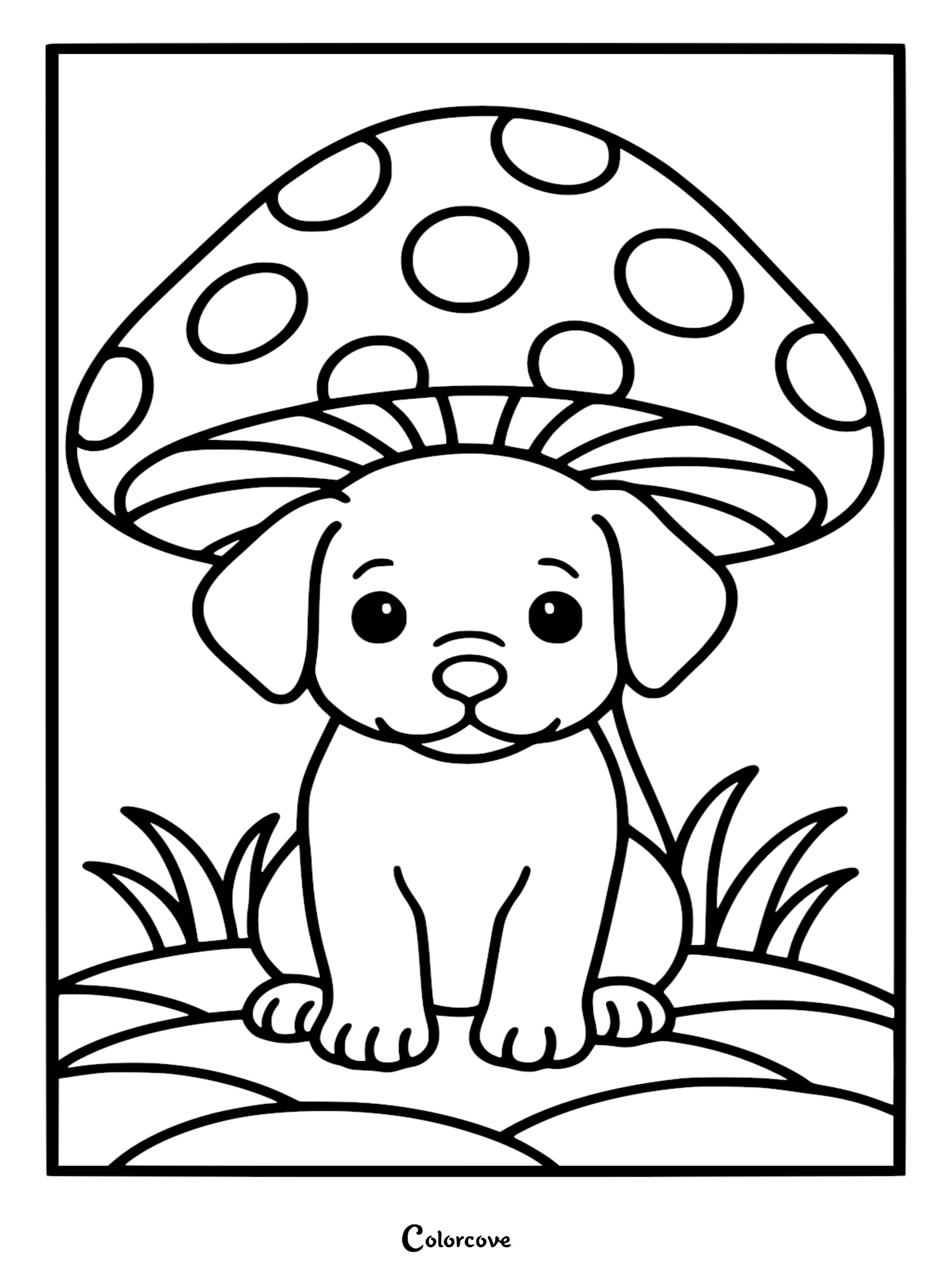 A cute puppy sitting under a large spotted mushroom in a grassy field, printable coloring page for kids.