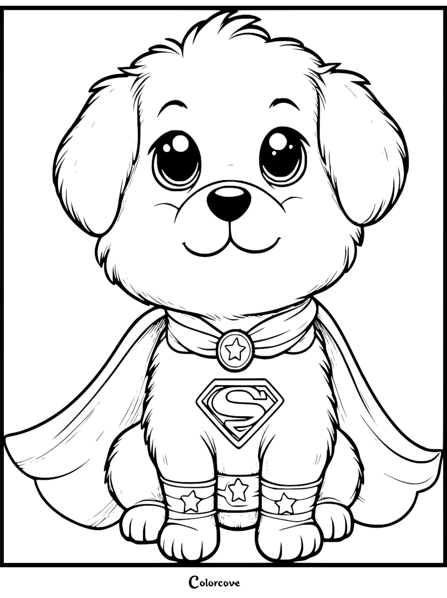 A cute puppy wearing a Superman cape and star-adorned wrist cuffs in this printable coloring page.