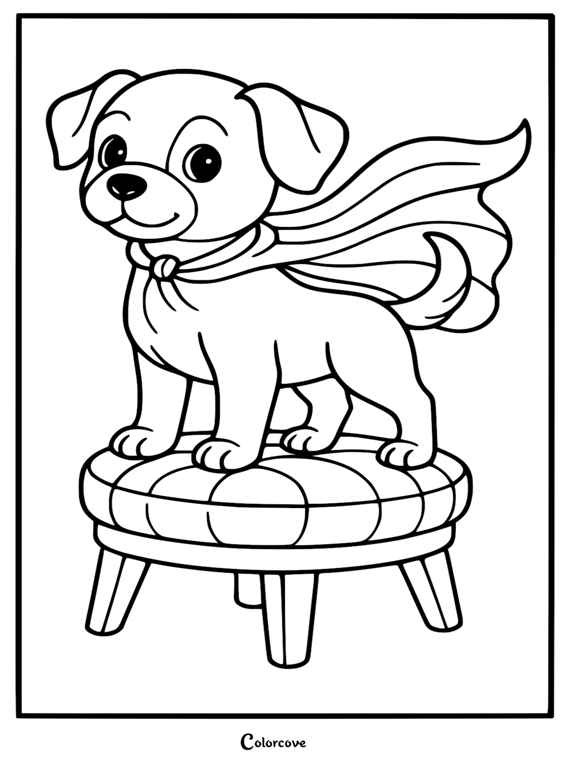 A cute puppy wearing a flowing superhero cape standing on a round tufted stool in this printable coloring page.
