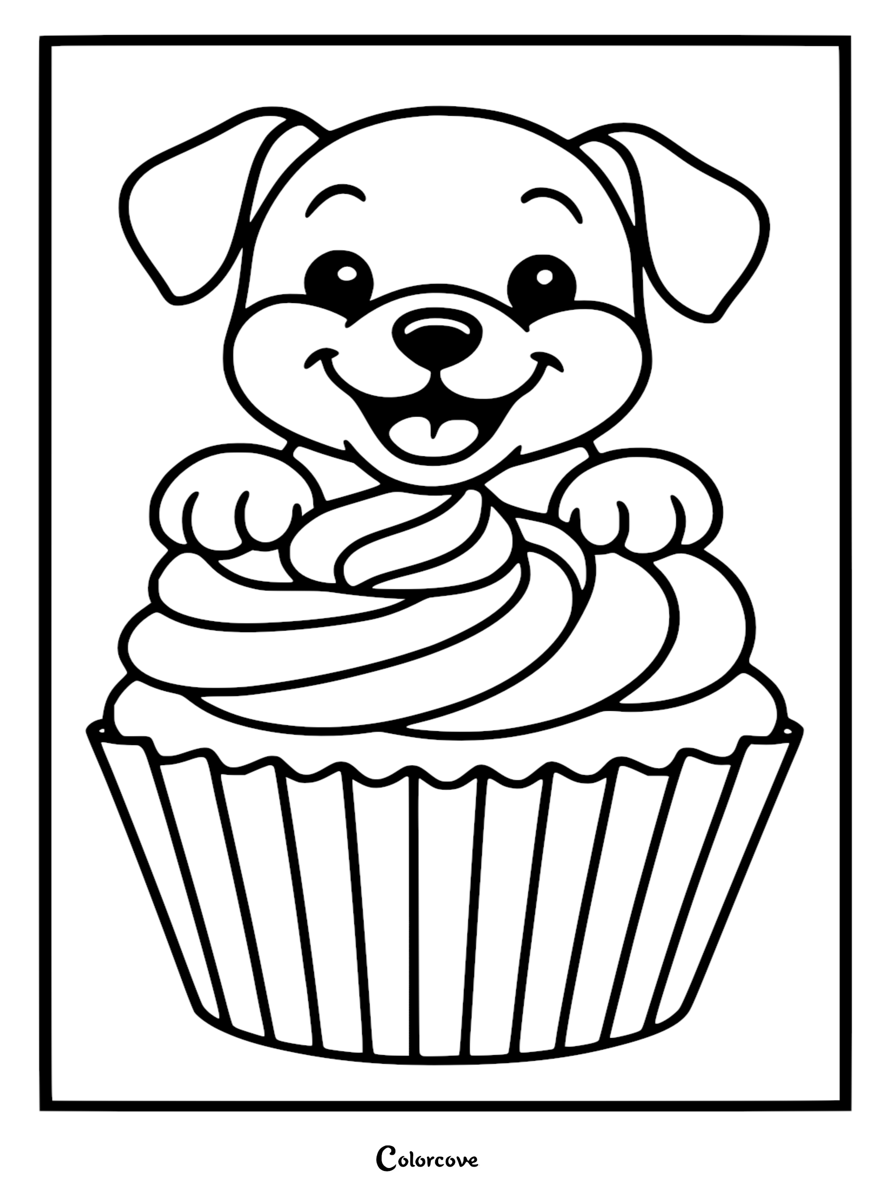 A happy puppy with floppy ears sitting inside a large frosted cupcake, line art coloring page.