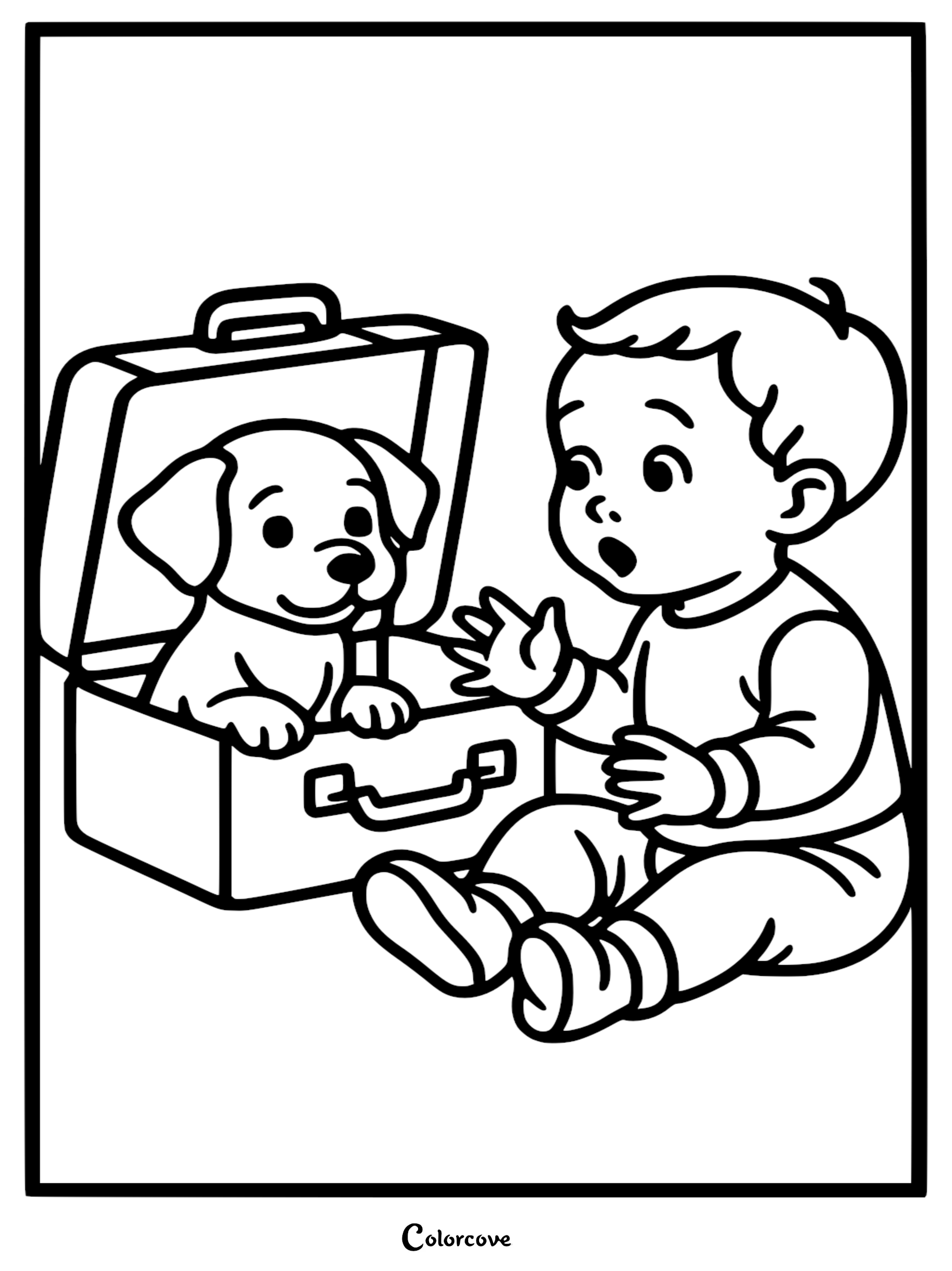 A toddler sitting on the floor looking surprised at a cute puppy sitting inside an open suitcase in this printable coloring page.