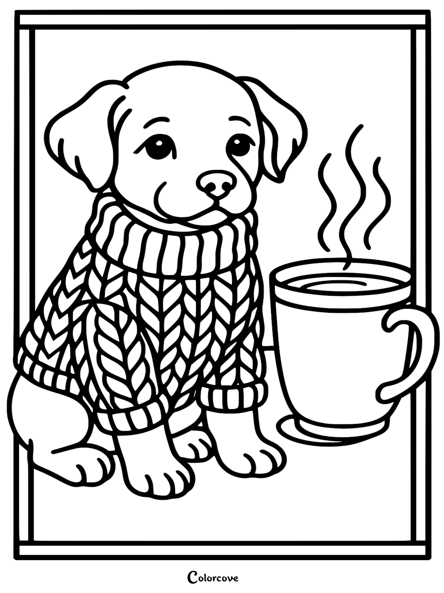 A cute puppy wearing a thick cable-knit sweater sitting next to a steaming mug of hot cocoa in this printable coloring page.
