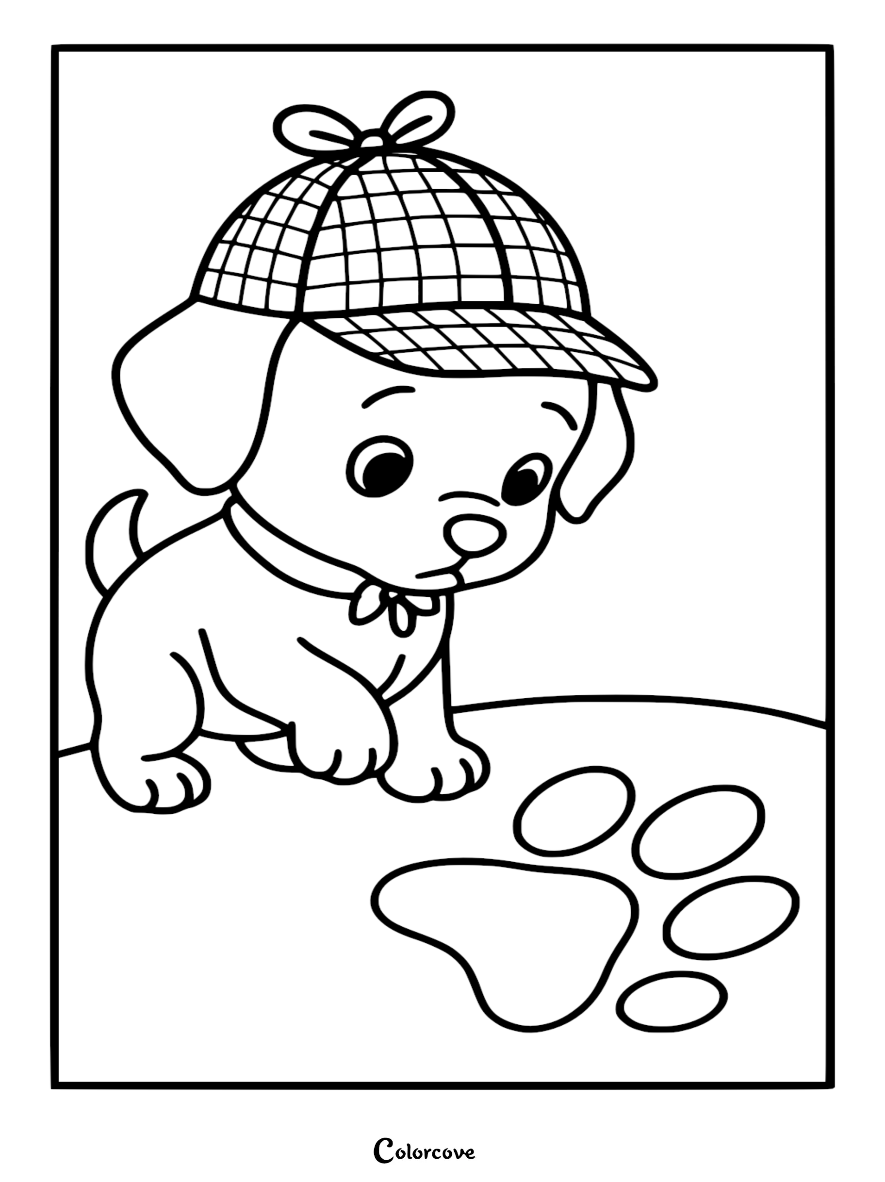 A cute puppy wearing a detective hat examining a large paw print on the ground in this printable coloring page.