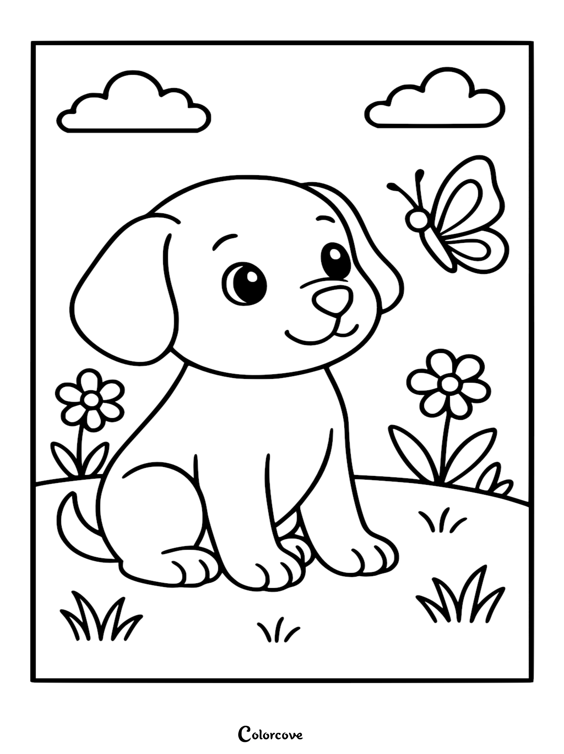 A cute puppy sitting in a grassy field with a butterfly, flowers, and clouds in this printable coloring page.