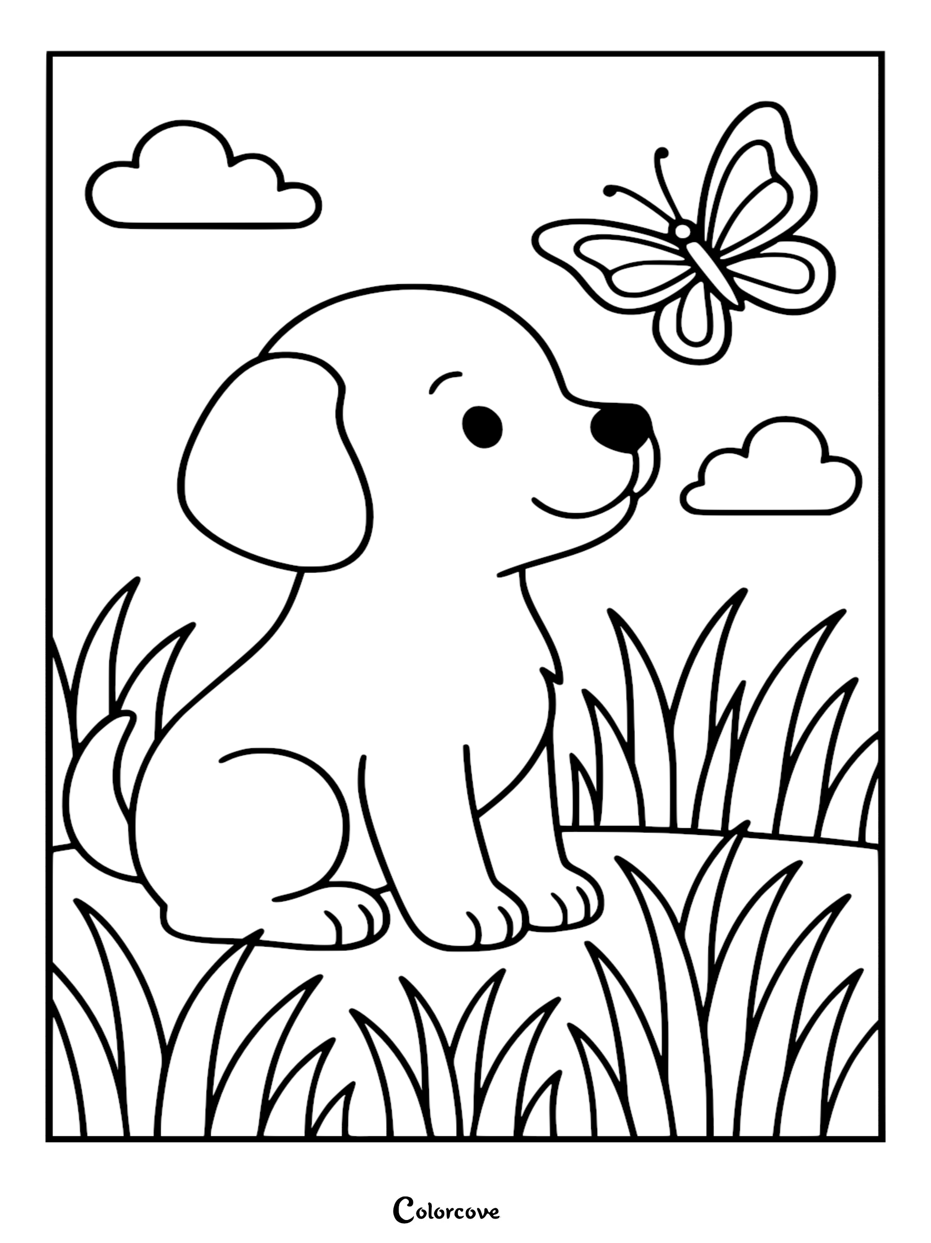A cute puppy sitting in the grass looking at a butterfly in this printable coloring page.