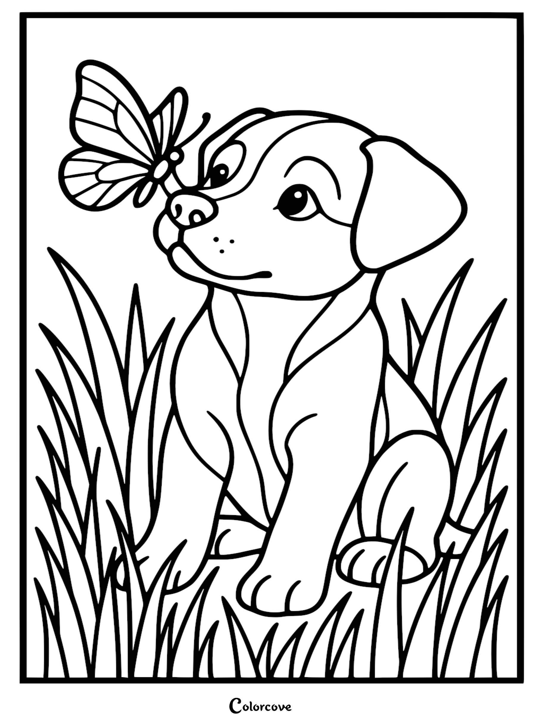 A cute puppy sitting in tall grass with a butterfly landing on its nose in this printable coloring page.