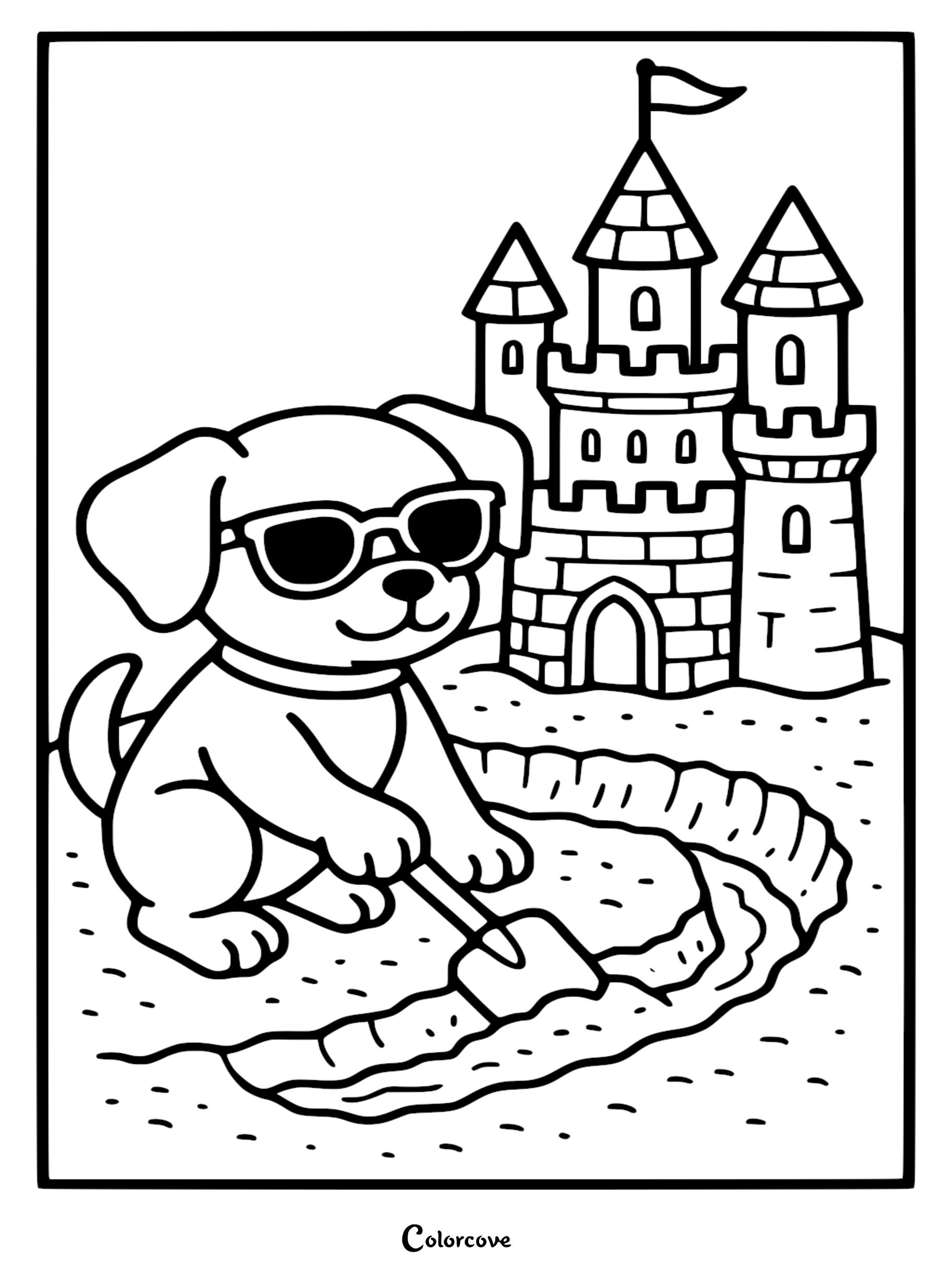 A cute puppy wearing sunglasses digging a moat around a sandcastle in this printable coloring page.