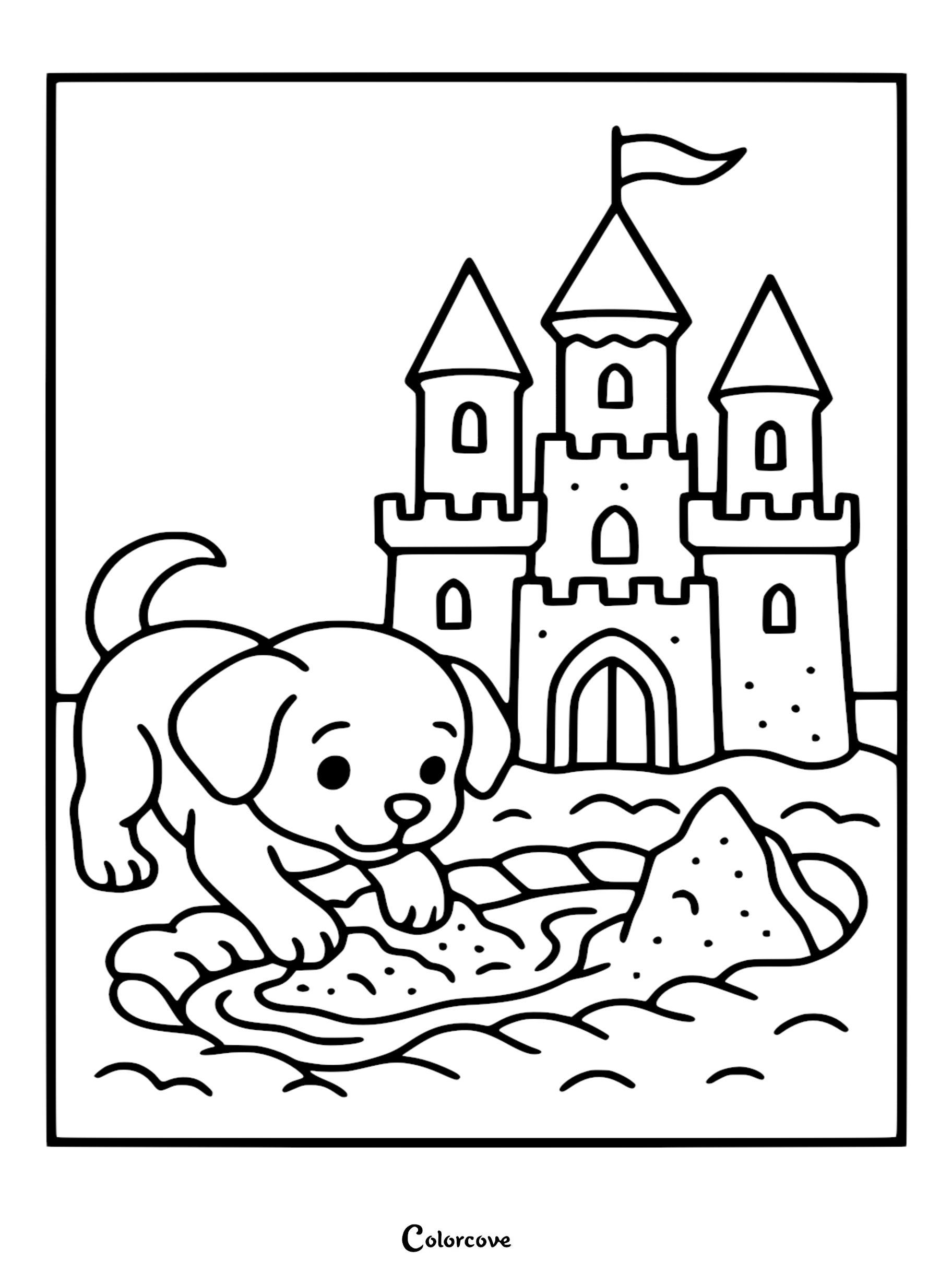 A cute puppy digging in the sand next to a detailed sandcastle coloring page.