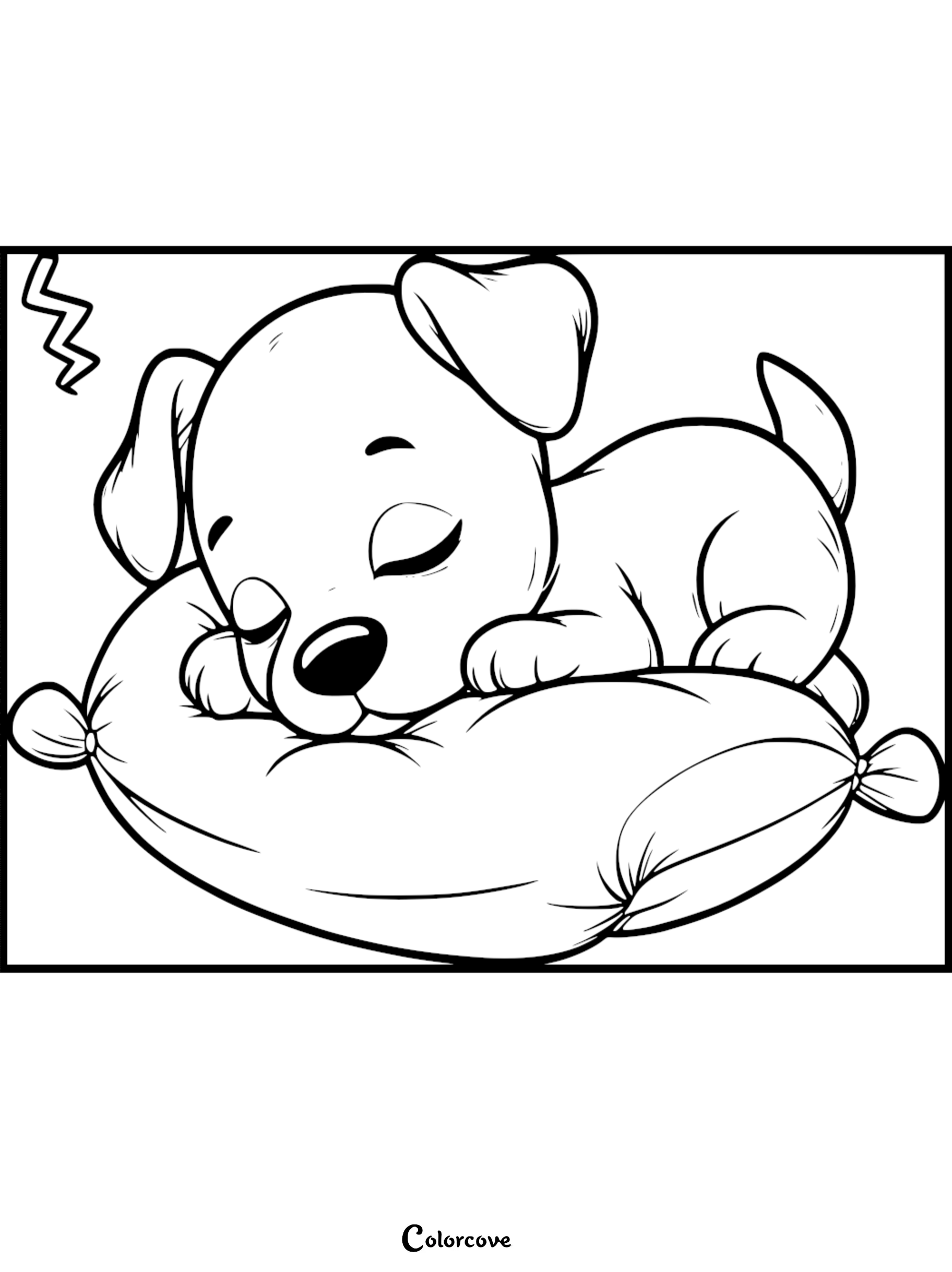 A cute puppy sleeping peacefully on a soft, tied-end pillow in this printable coloring page.