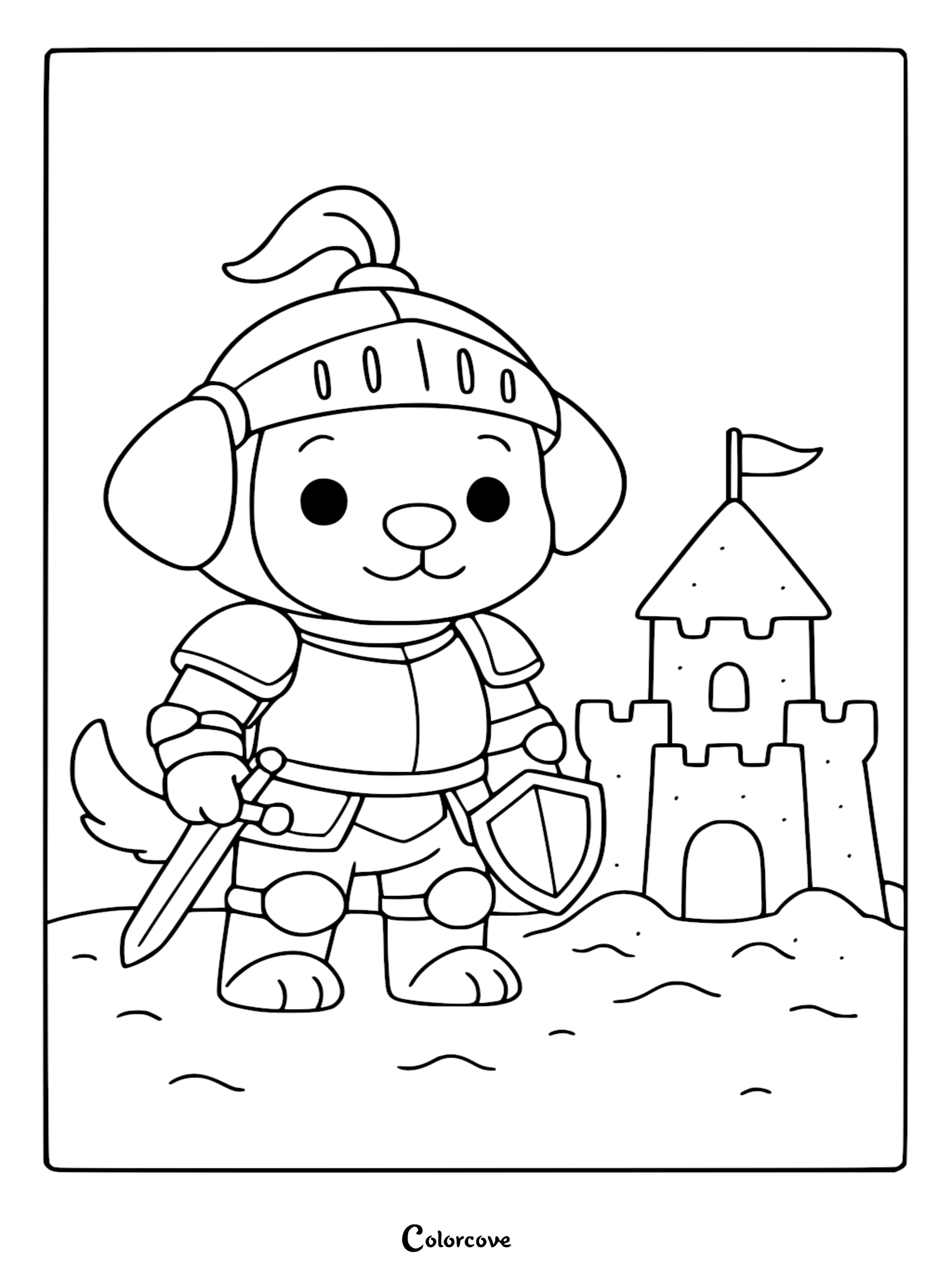 A cute puppy wearing medieval knight armor with a helmet, sword, and shield standing next to a sandcastle in this printable coloring page.