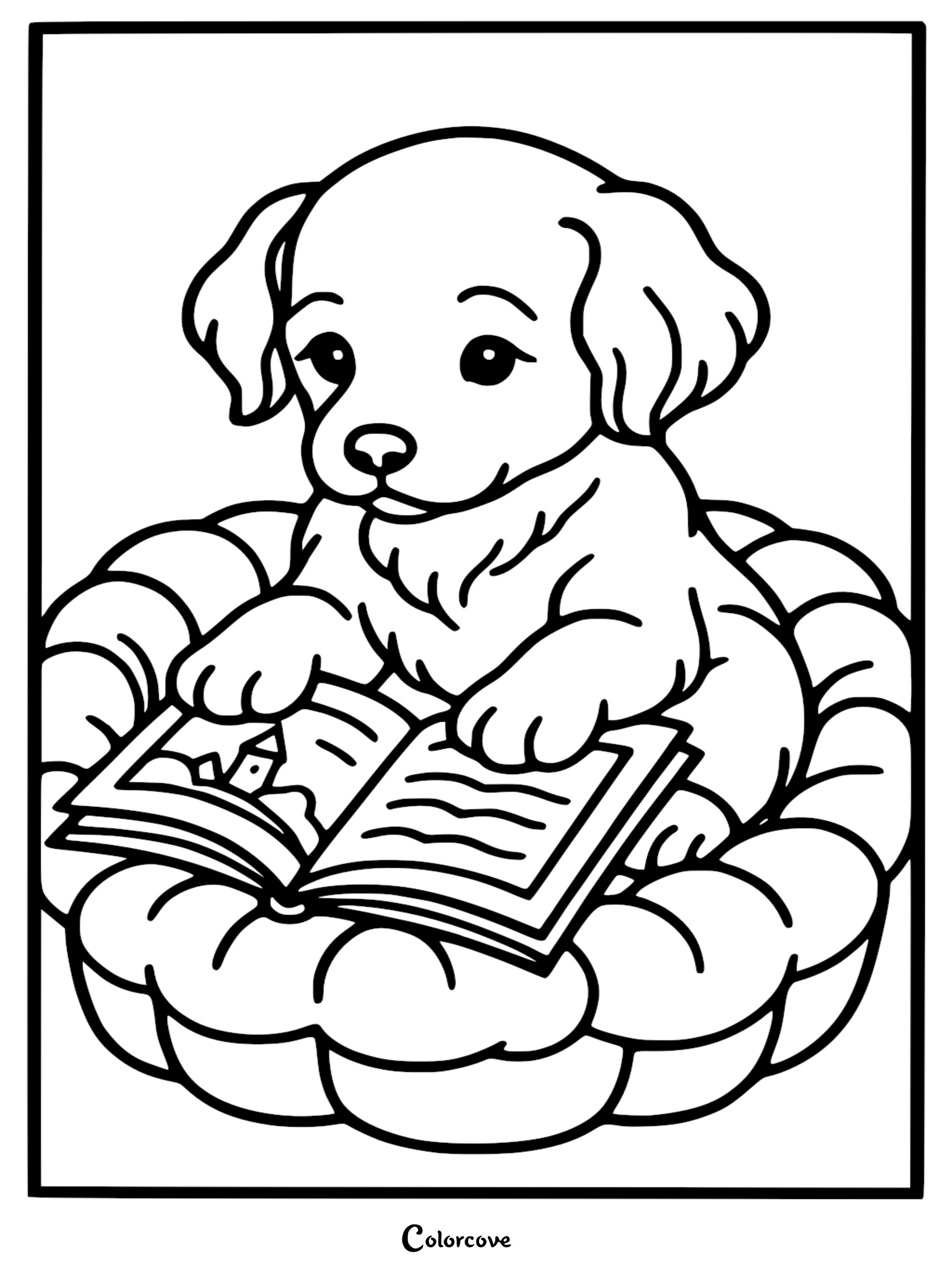 A cute puppy sitting in a round plush bed reading an open book, coloring page style line art.