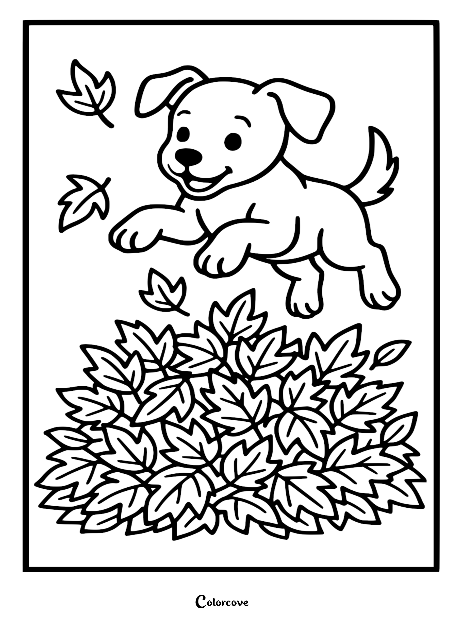 A happy puppy jumping into a large pile of autumn leaves, line art coloring page.
