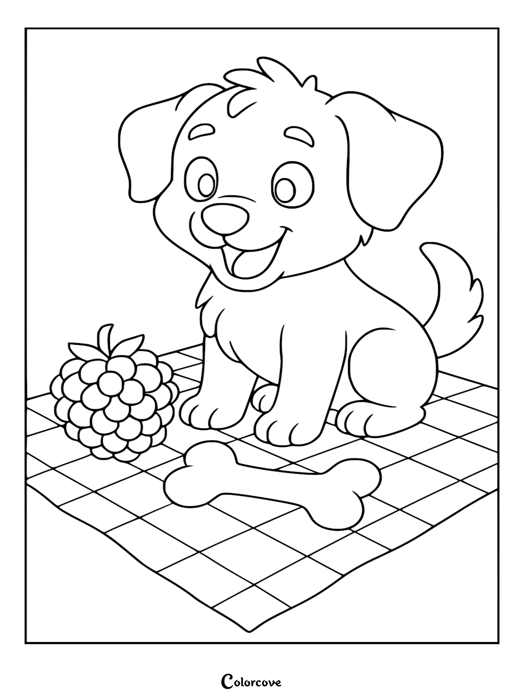 A happy puppy sitting on a checkered picnic blanket next to a large raspberry and a dog bone in this printable coloring page.