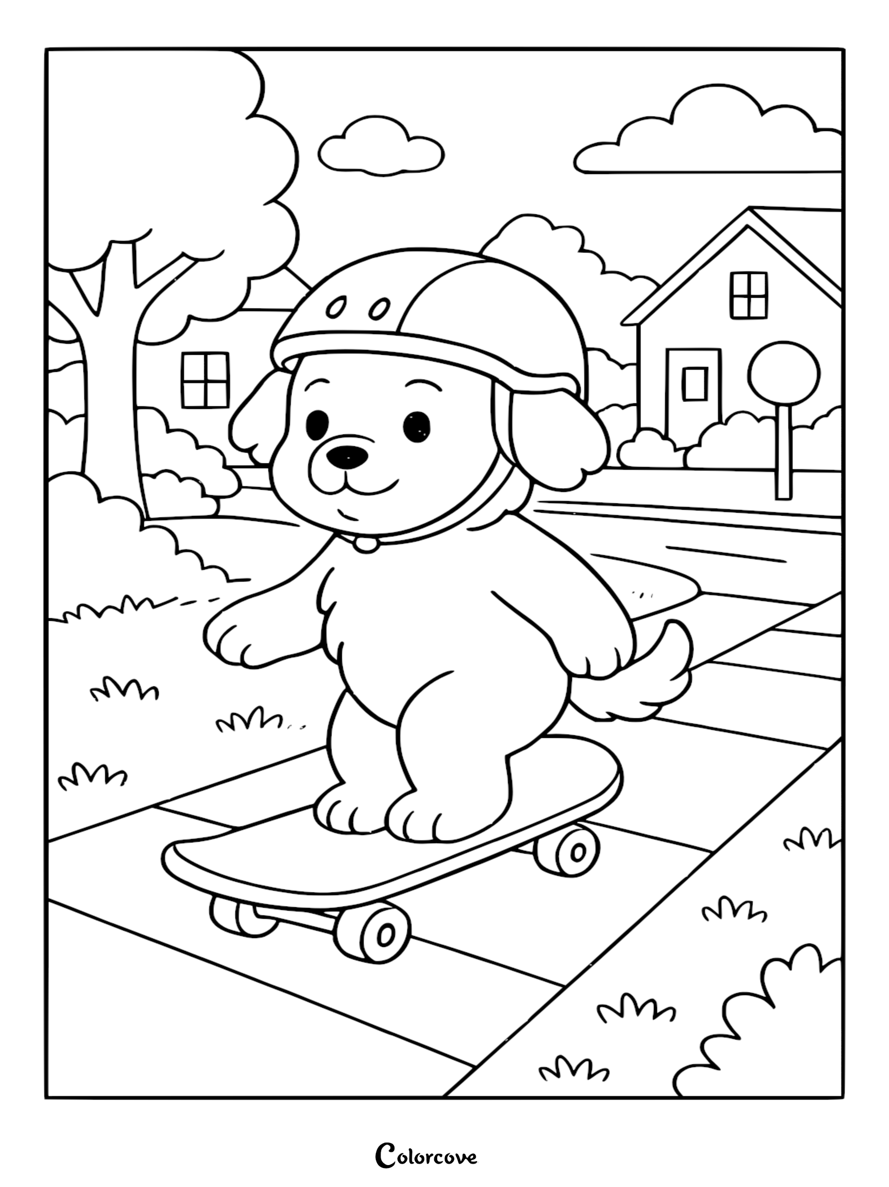 A cute puppy wearing a safety helmet while skateboarding on a sidewalk, printable coloring page.