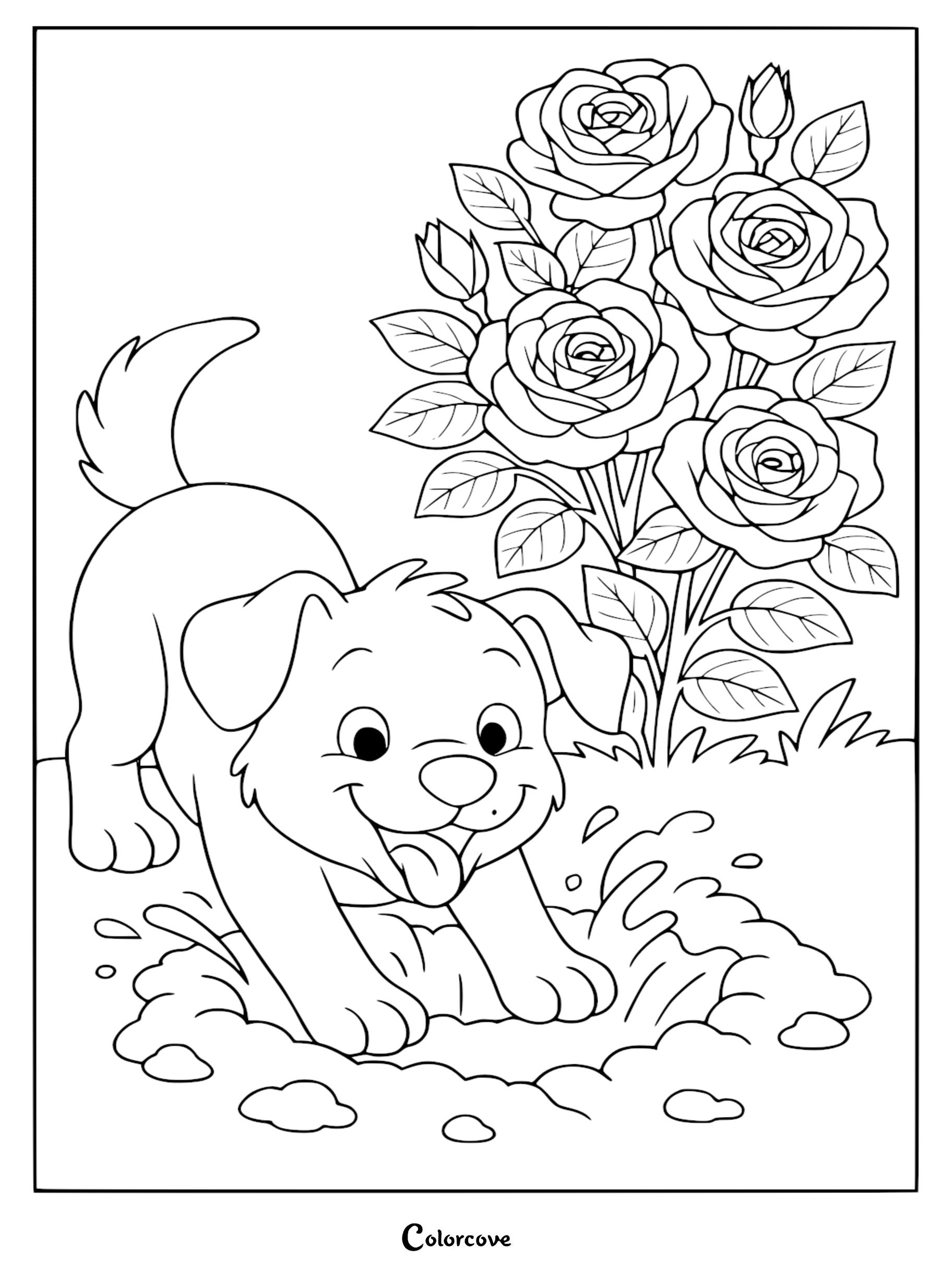 A cute puppy with a wagging tail digging in a mud puddle next to a large rose bush in this printable coloring page.