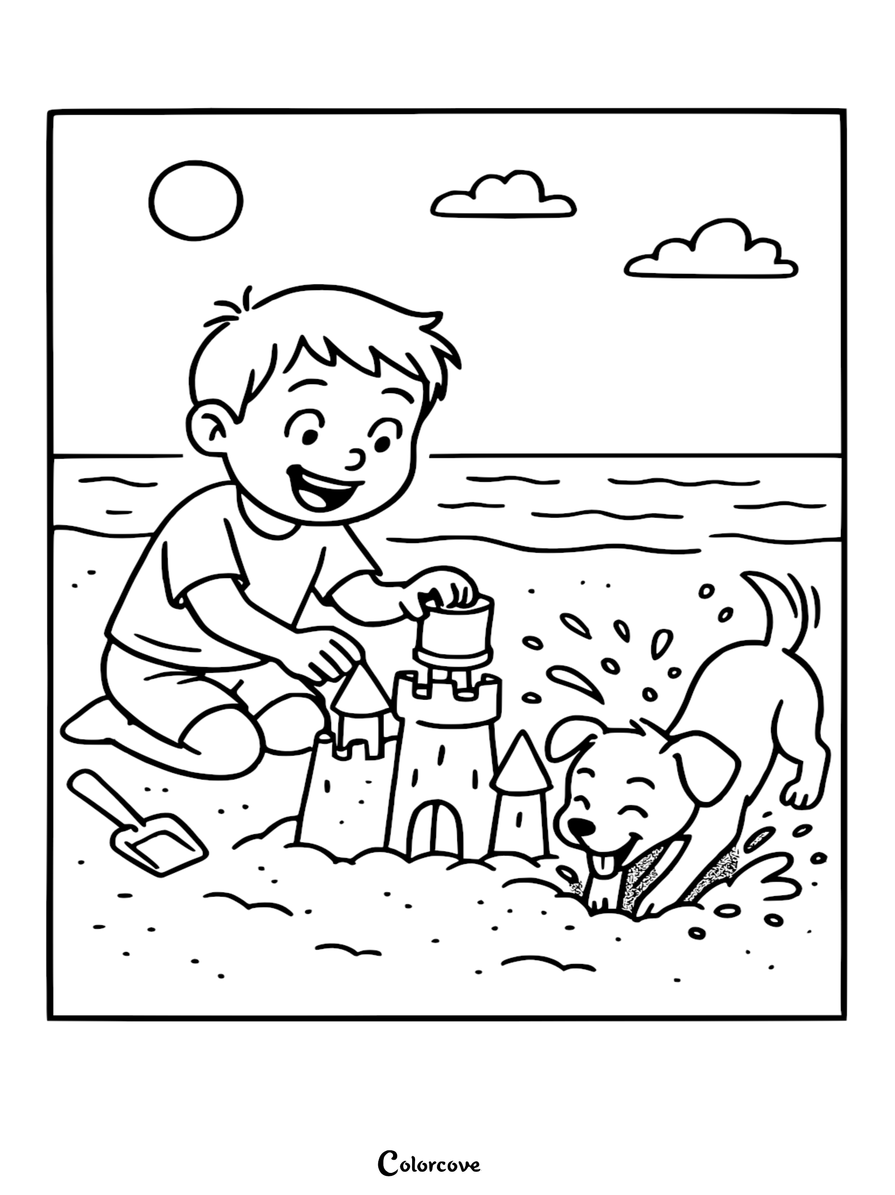 A happy boy building a sandcastle on the beach with a cute puppy digging in the sand, printable coloring page.