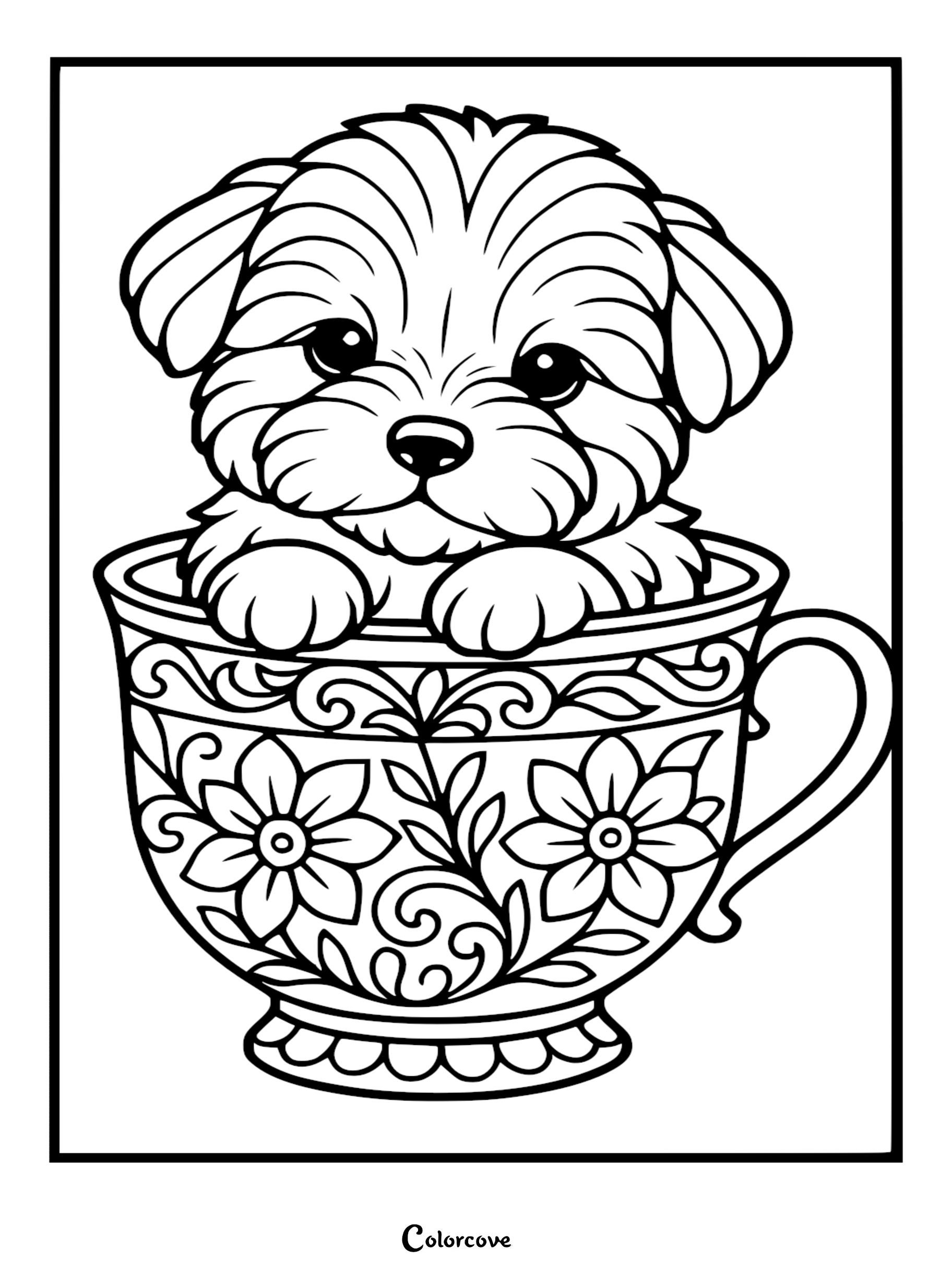 A fluffy puppy sitting inside an ornate floral teacup, black and white line art coloring page.