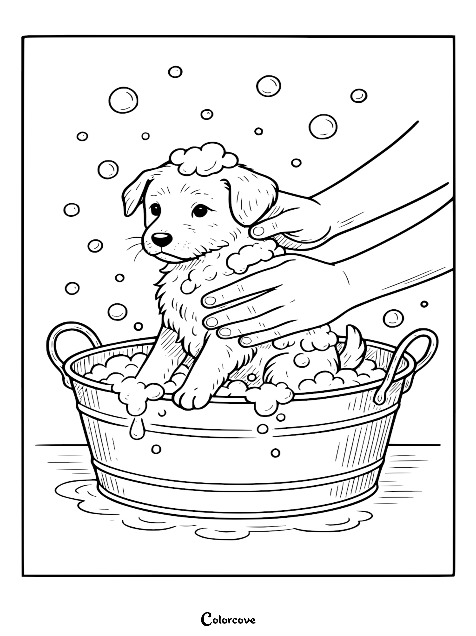 A cute puppy sitting in a metal washbasin filled with soapy bubbles while human hands gently scrub its fur in this printable coloring page.