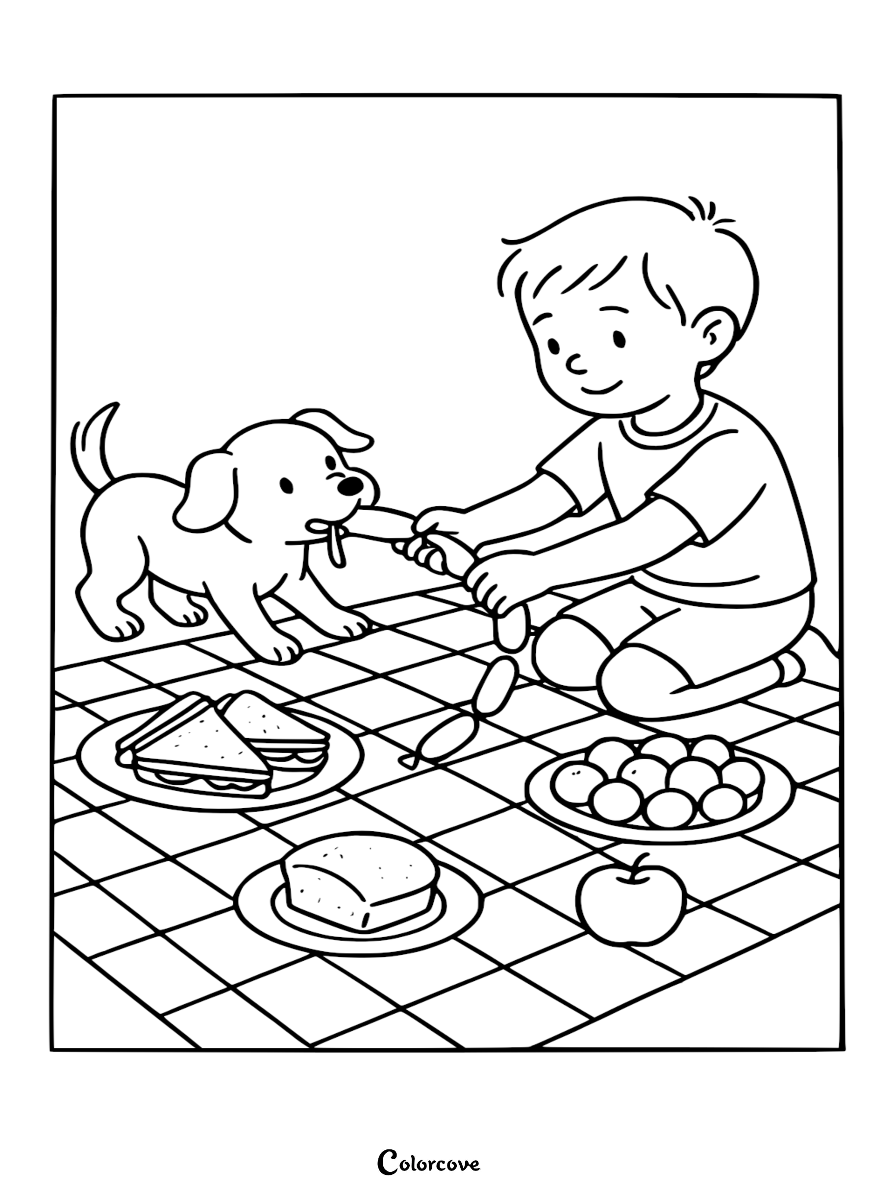A boy playing tug-of-war with a cute puppy over a sausage link on a picnic blanket, printable coloring page.