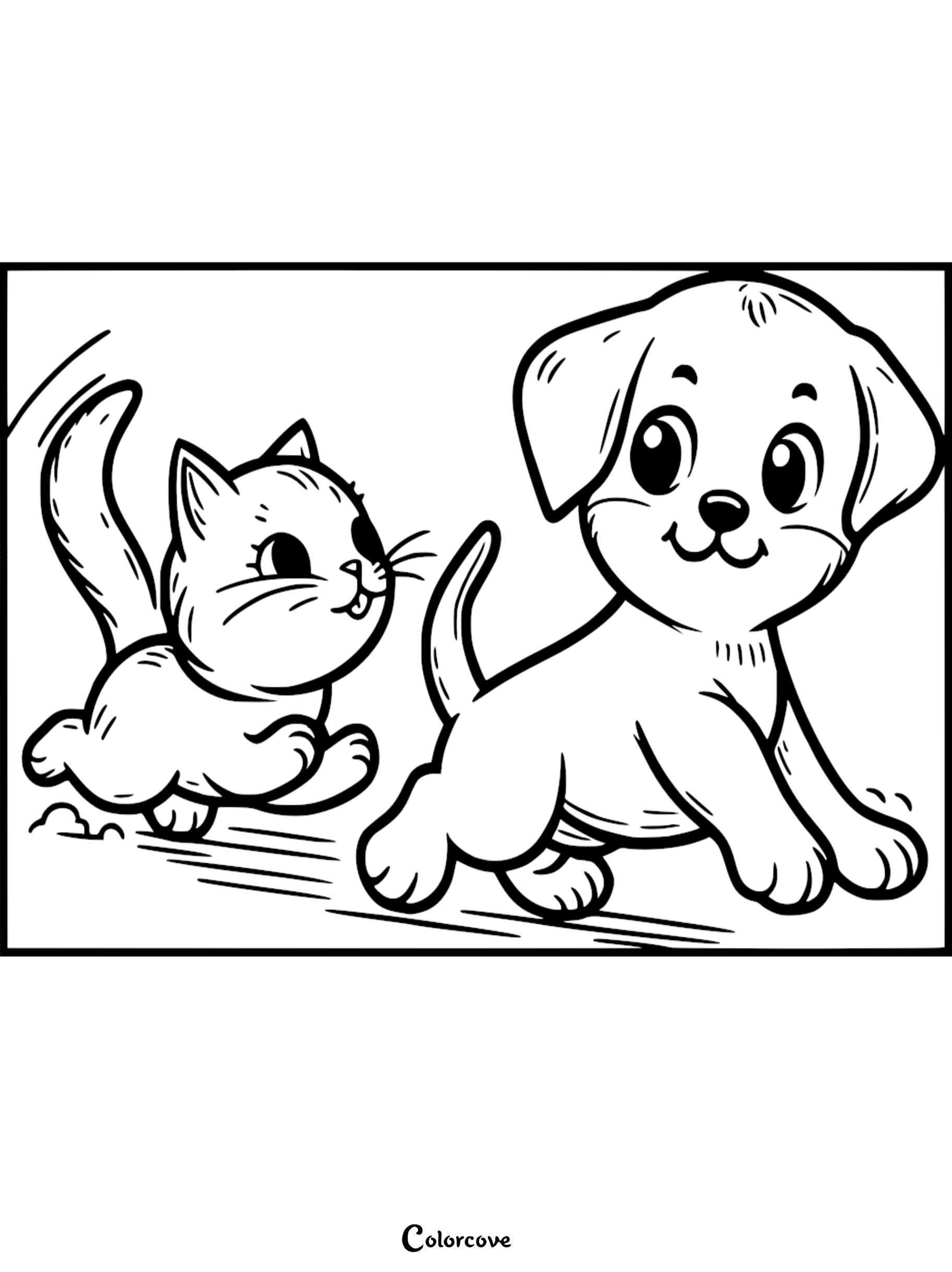 A cute puppy walking forward while a playful kitten follows behind in this printable coloring page.