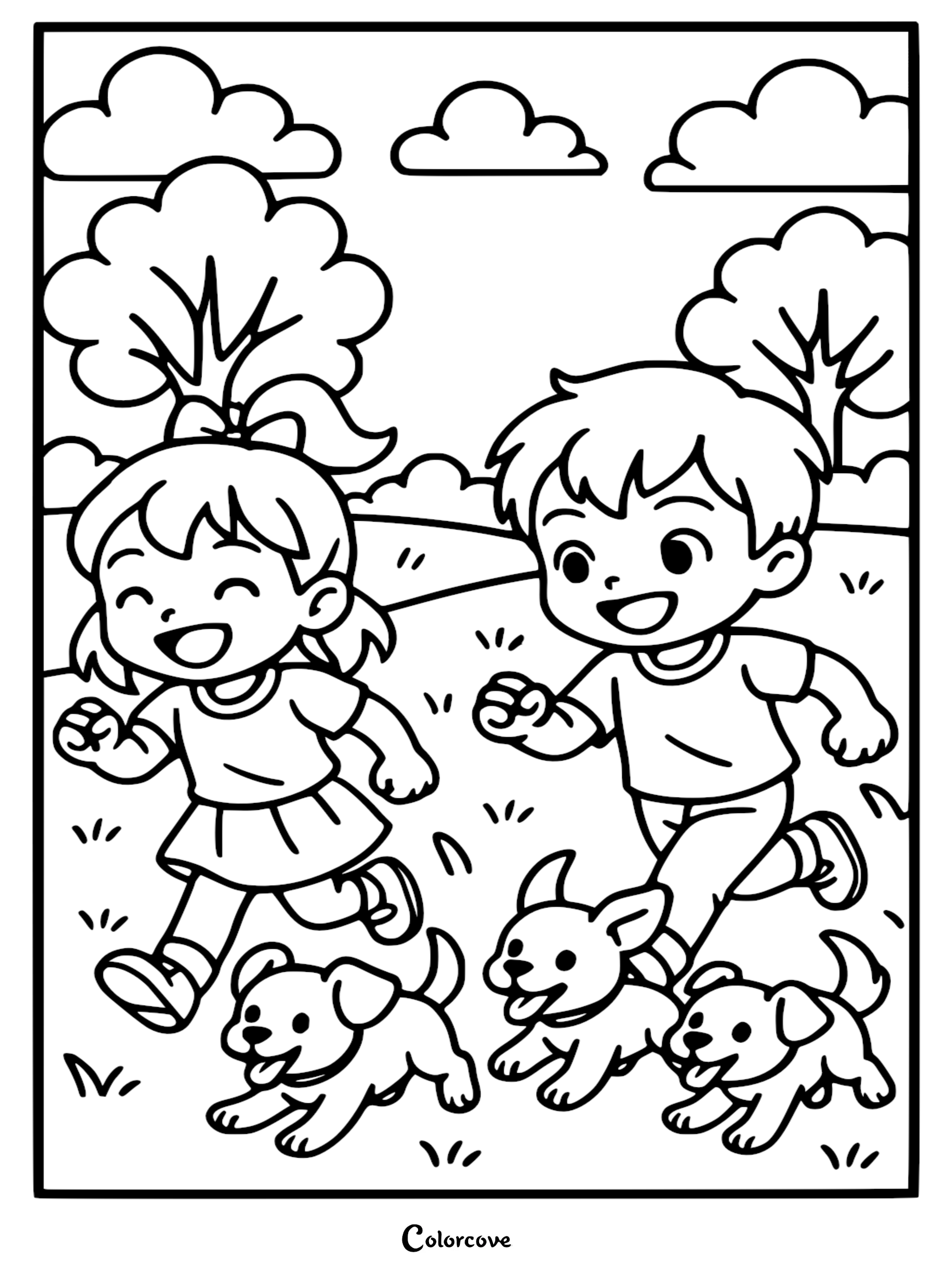 A boy and girl running through a park with three happy puppies in this cute puppy coloring page.