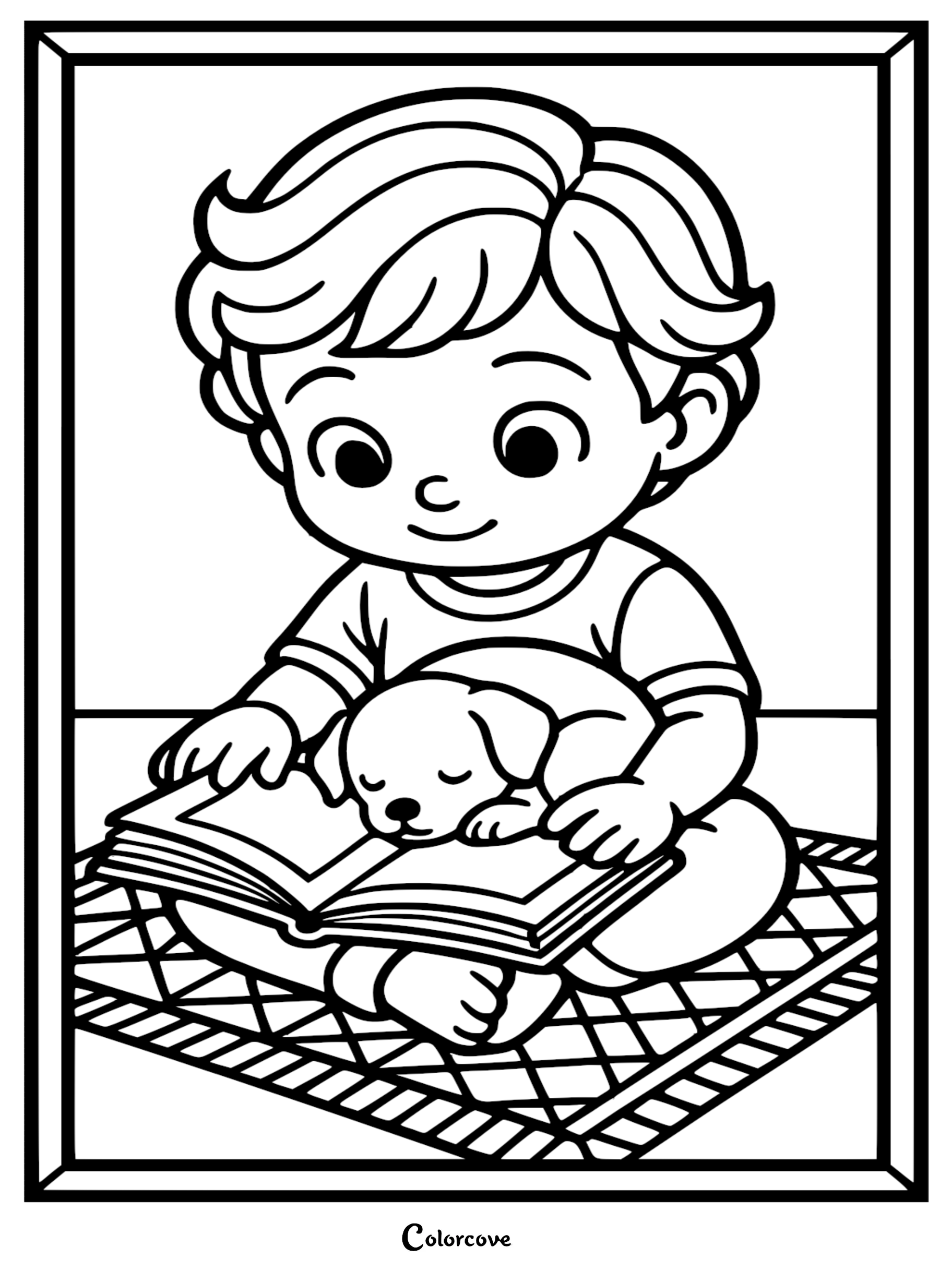 A young boy sitting on a patterned rug reading an open book with a cute puppy sleeping on top of it in this printable coloring page.