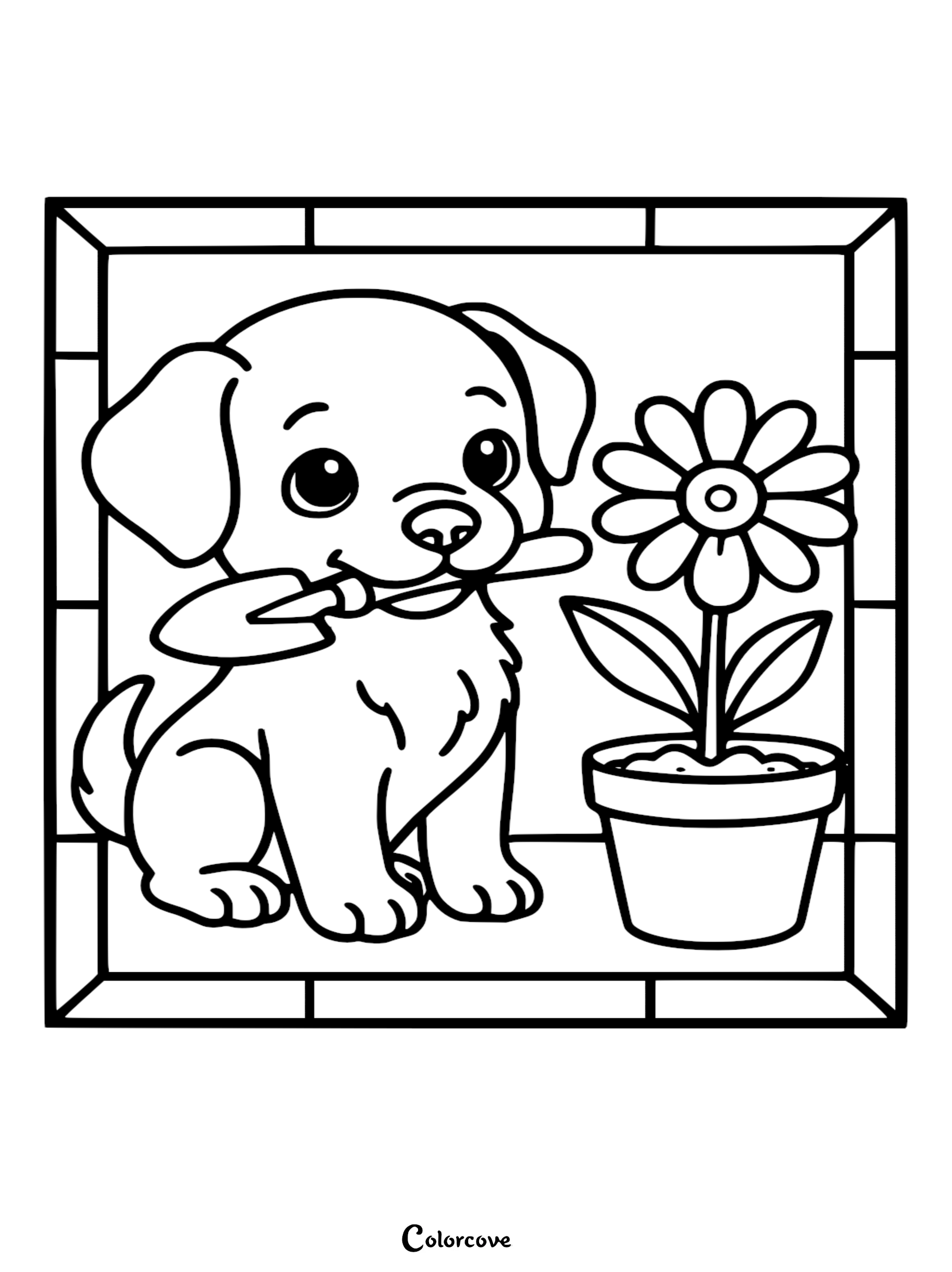 A cute puppy holding a small garden trowel in its mouth next to a potted flower in this printable coloring page.