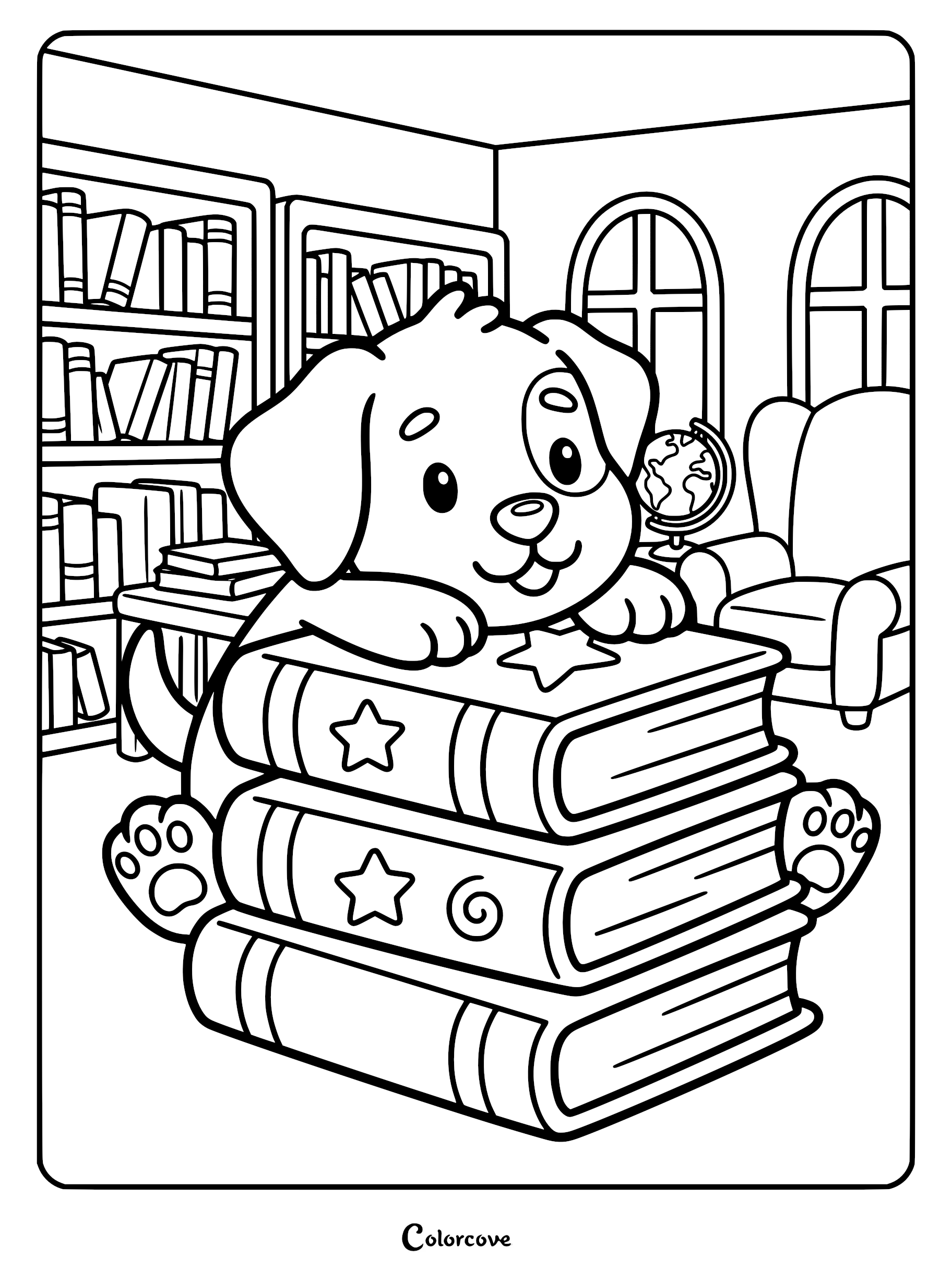 A cute puppy resting its paws on a stack of star-decorated books in a library, printable coloring page.