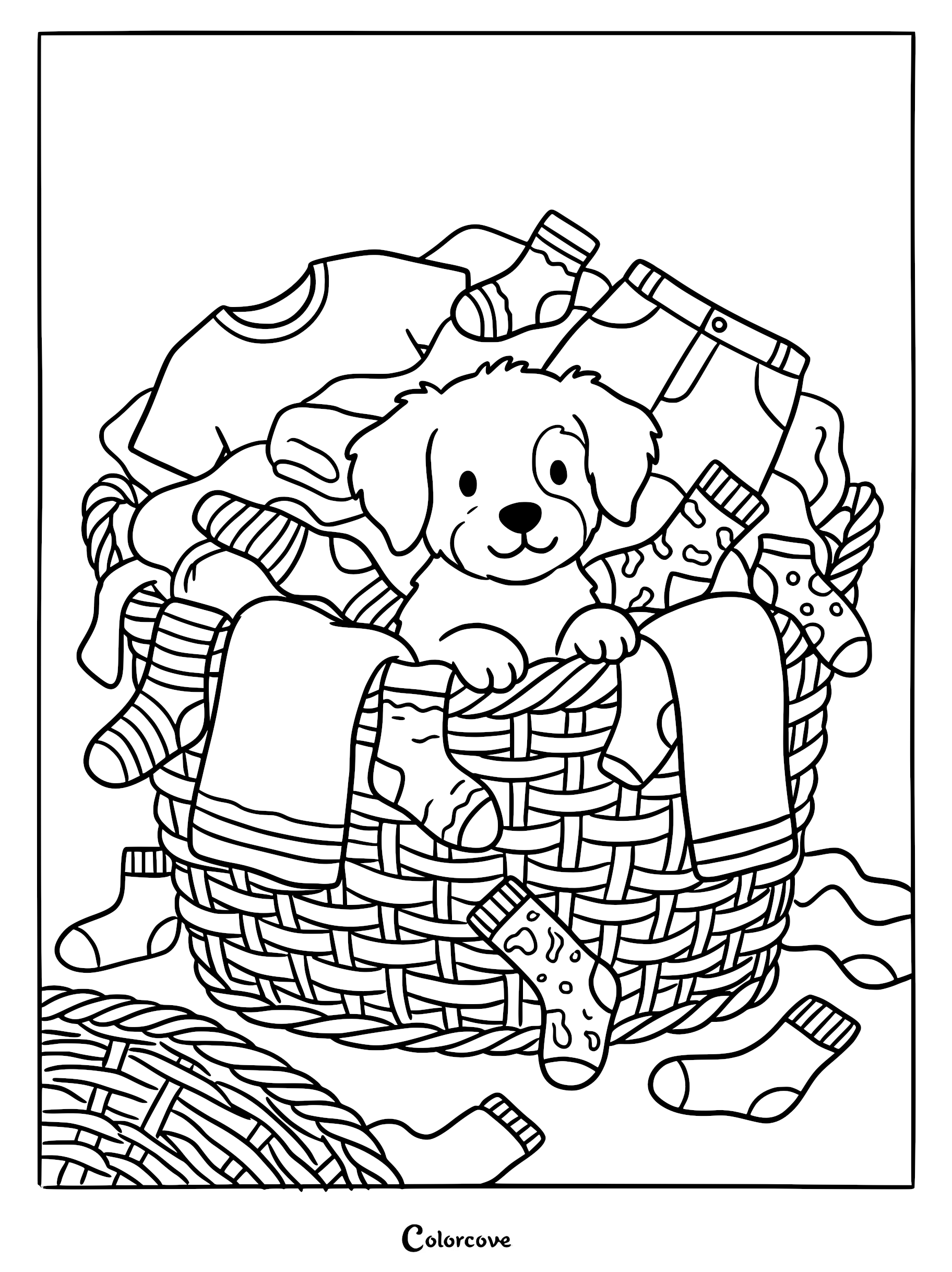 A cute puppy with a spot over one eye sitting inside a woven laundry basket filled with clothes and socks, printable coloring page.
