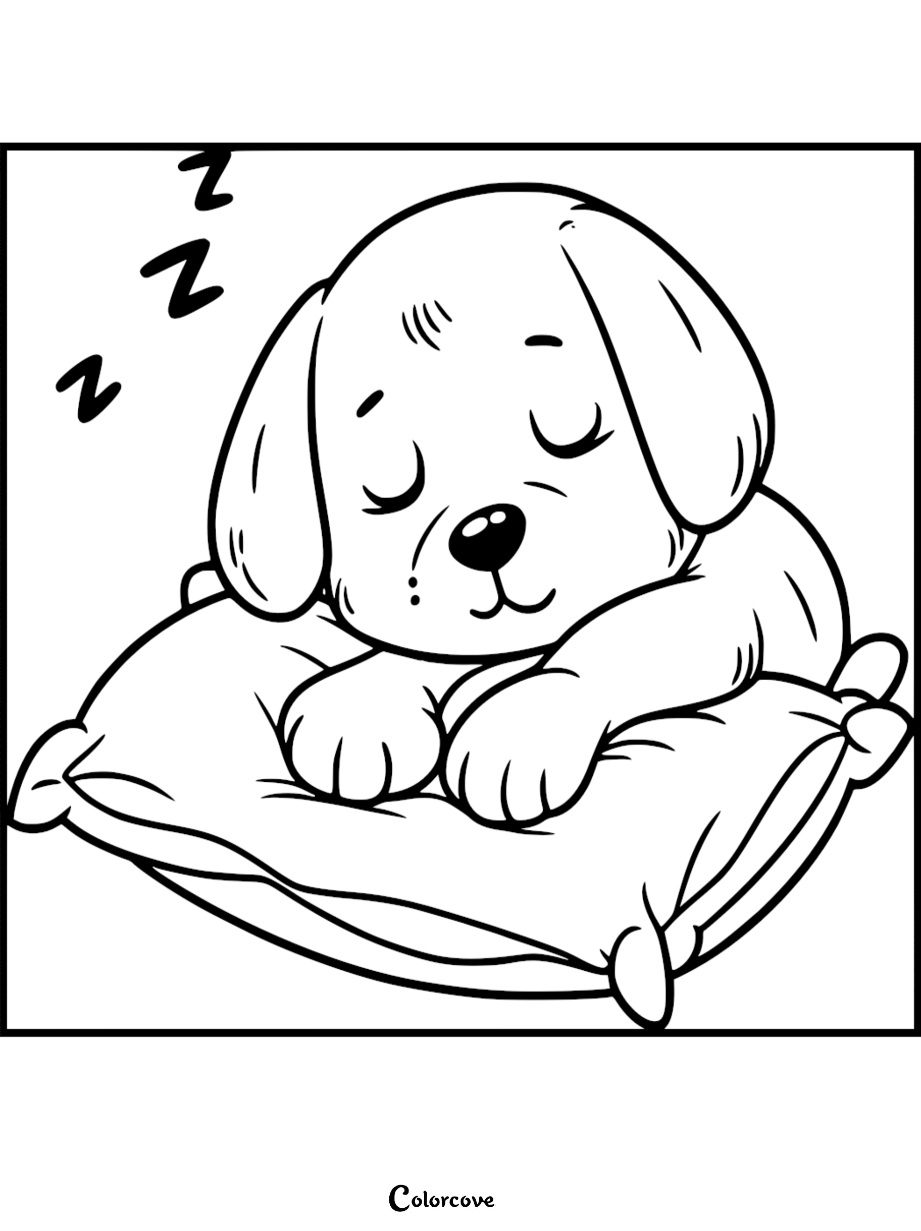 A cute puppy with floppy ears sleeping peacefully on a soft pillow, featured in a simple line art coloring page.