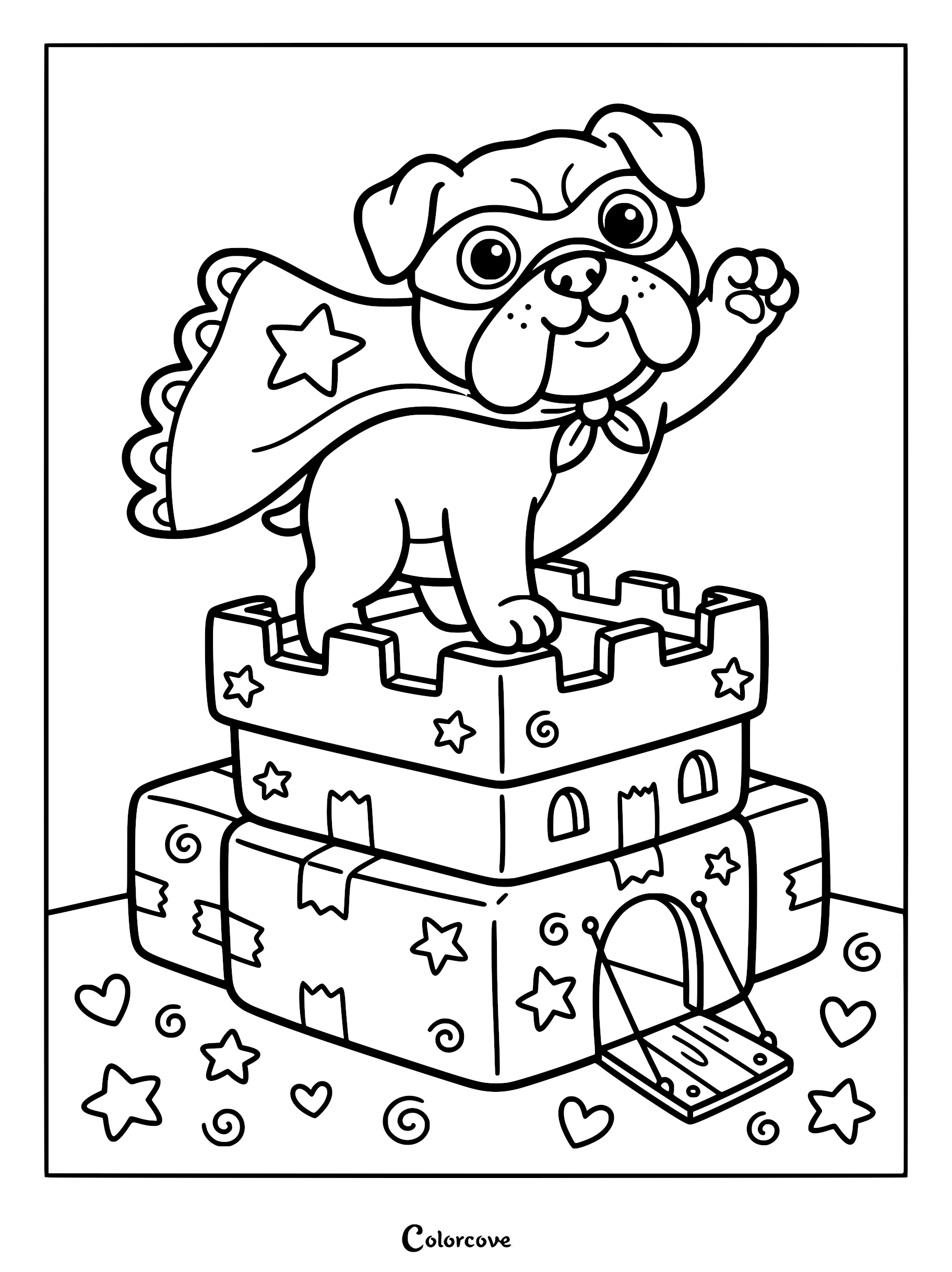A cute pug wearing a superhero mask and cape standing on top of a gift box castle in this printable coloring page.