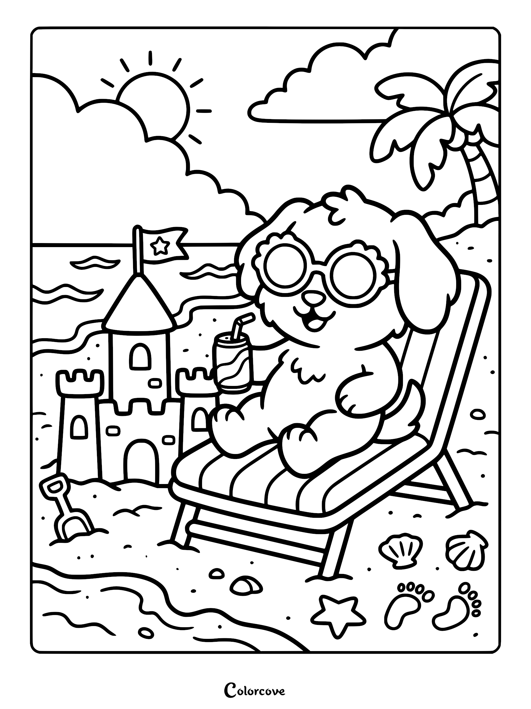 A cute puppy wearing round sunglasses sitting on a beach chair next to a sandcastle, featured in a printable coloring page.