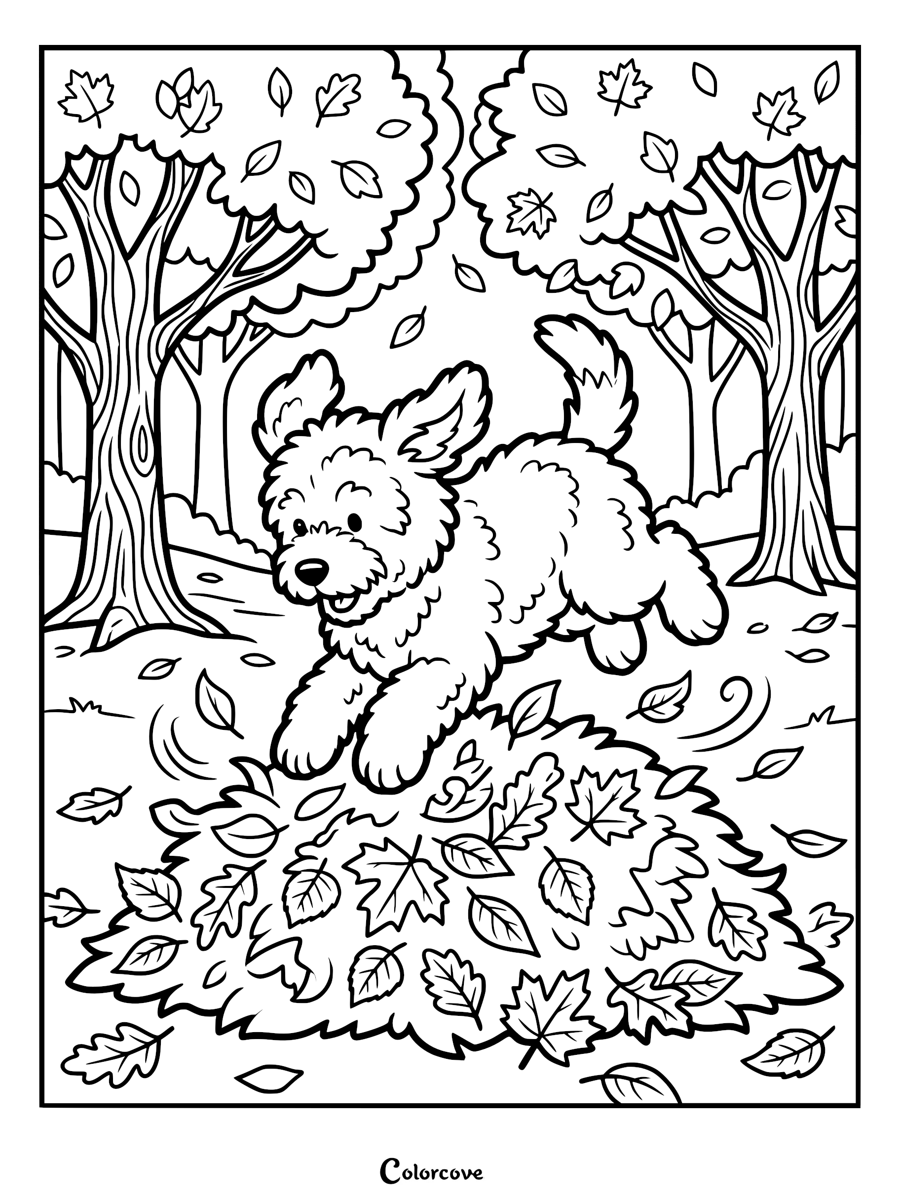 A fluffy puppy jumping into a large pile of fallen autumn leaves in a forest setting, printable coloring page.