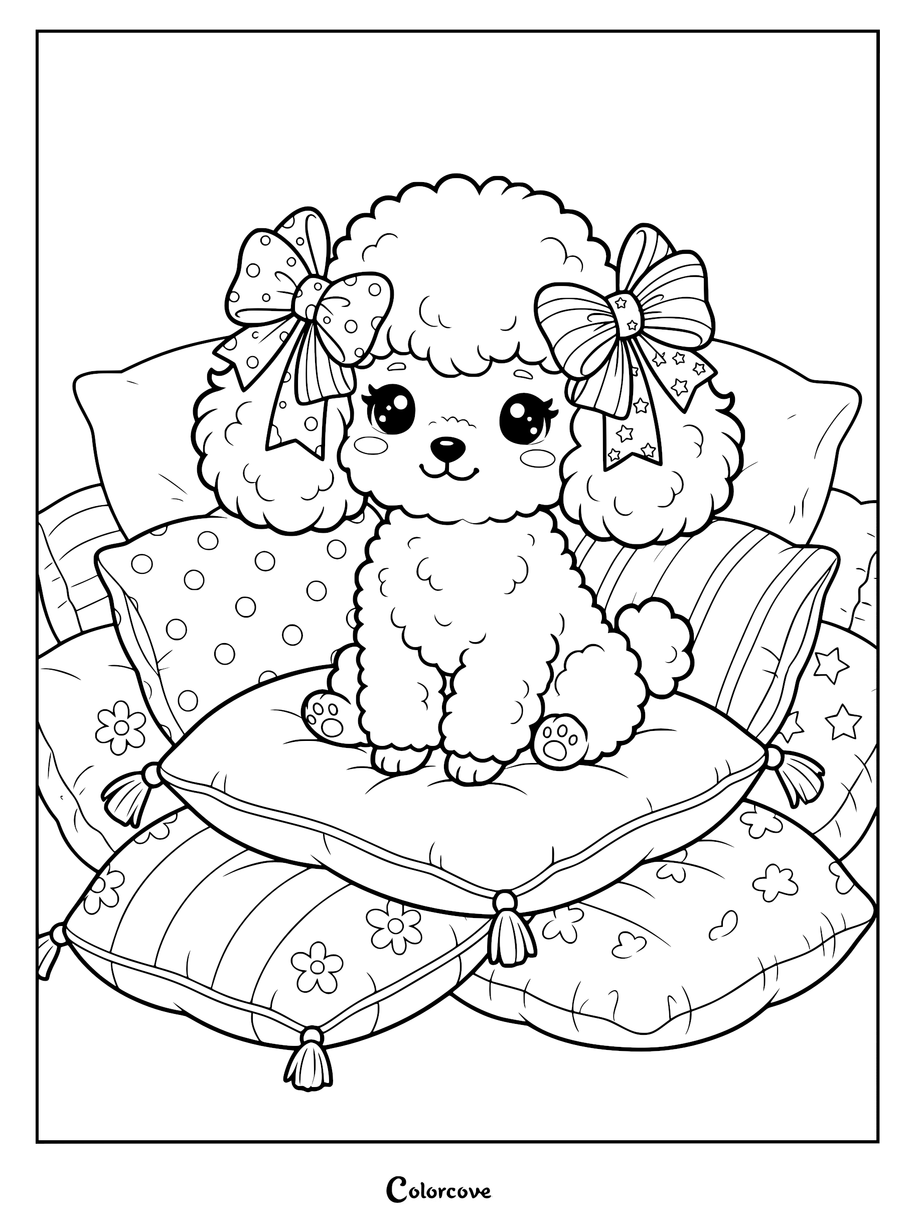 A cute poodle puppy with large bows in its curly hair sitting on a pile of decorative pillows, coloring page.