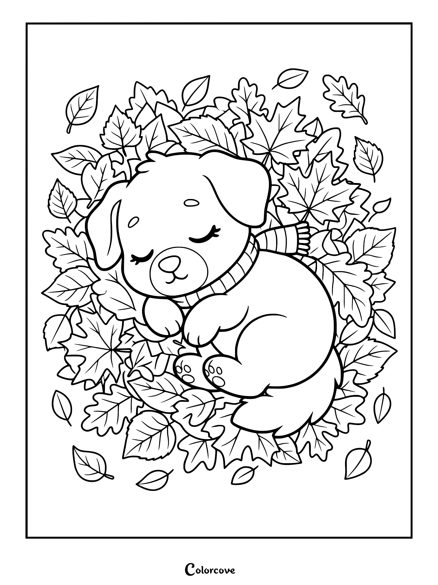 A cute puppy wearing a striped scarf sleeping peacefully in a pile of autumn leaves on this printable coloring page.