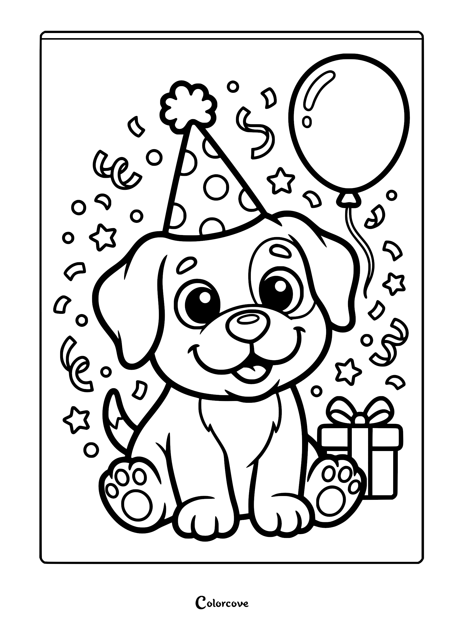 A cute puppy wearing a polka-dot party hat sitting next to a gift box with a balloon and confetti in this printable coloring page.