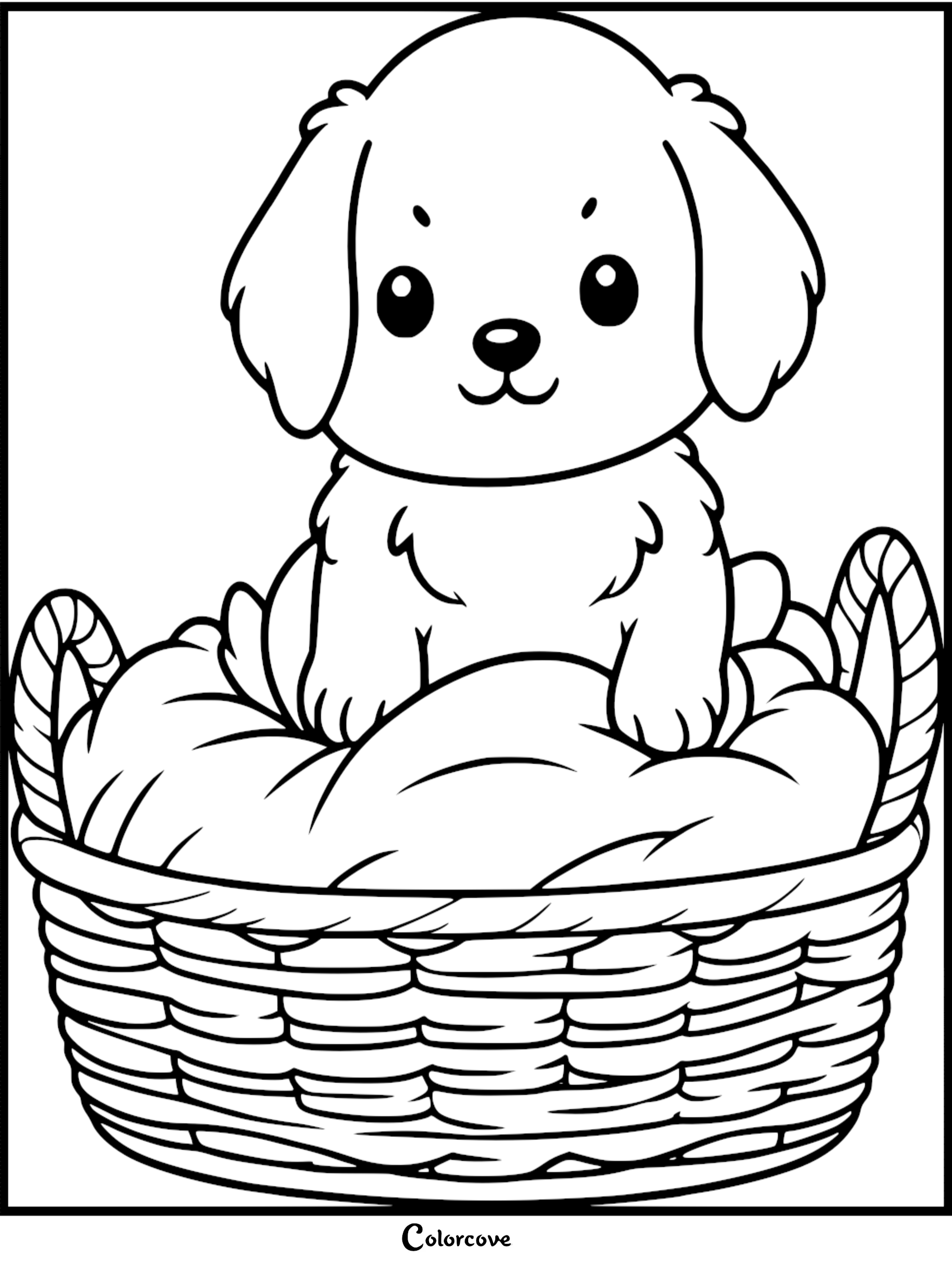 A cute puppy with floppy ears sitting inside a woven basket, line art coloring page.