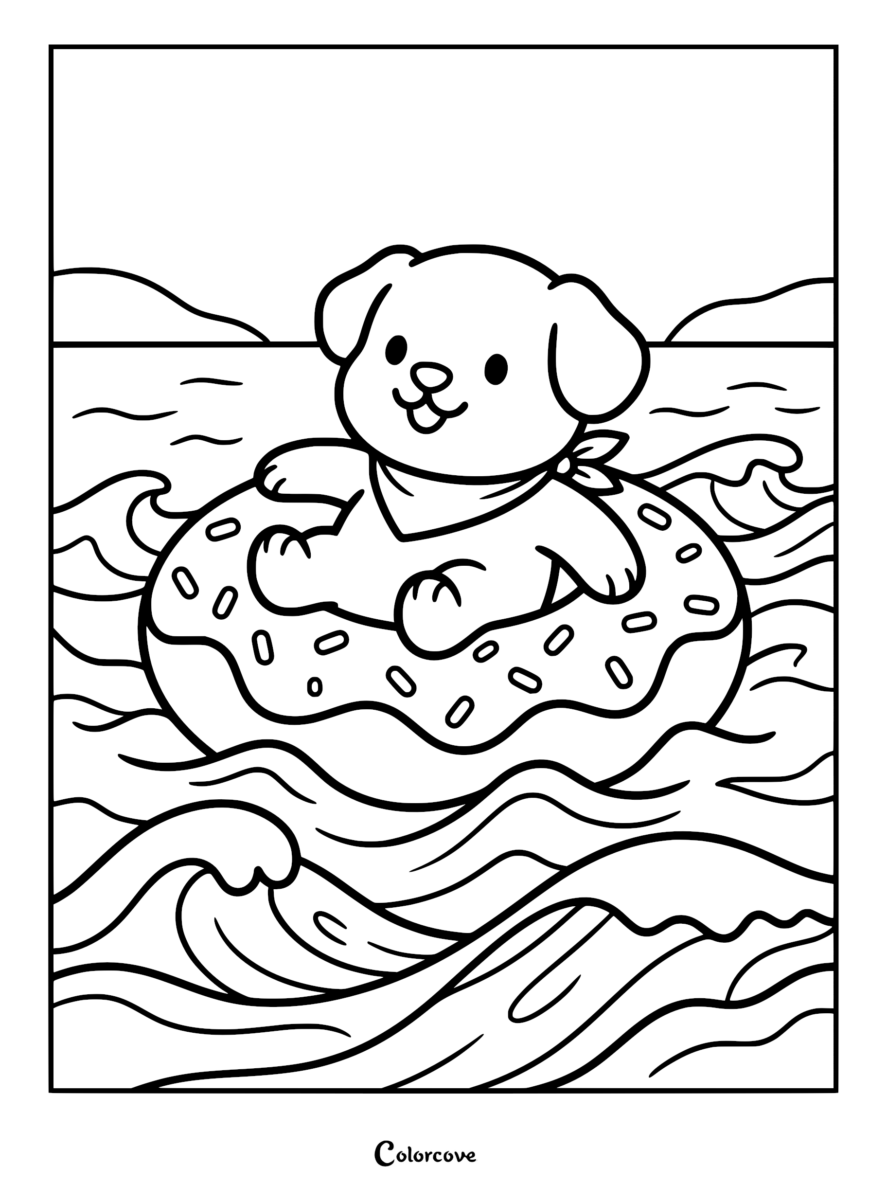 A cute puppy wearing a bandana sitting on a donut-shaped pool float in wavy ocean water, printable coloring page.