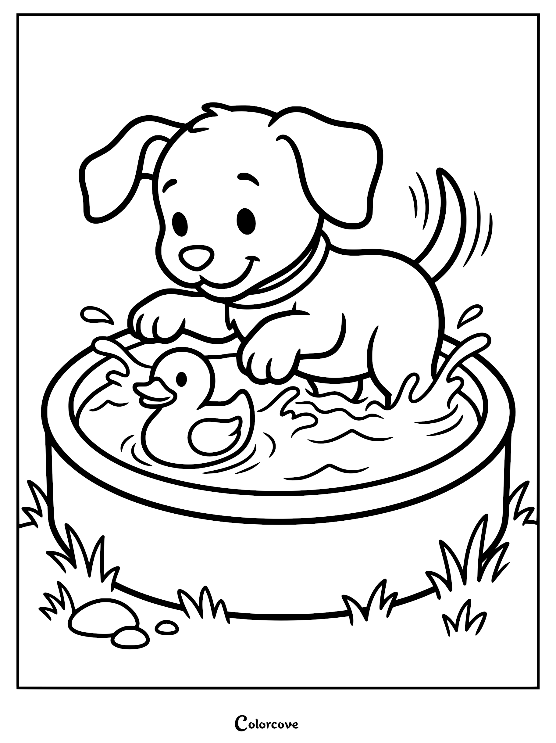 A cute puppy splashing in a small round pool with a rubber ducky in this printable coloring page.
