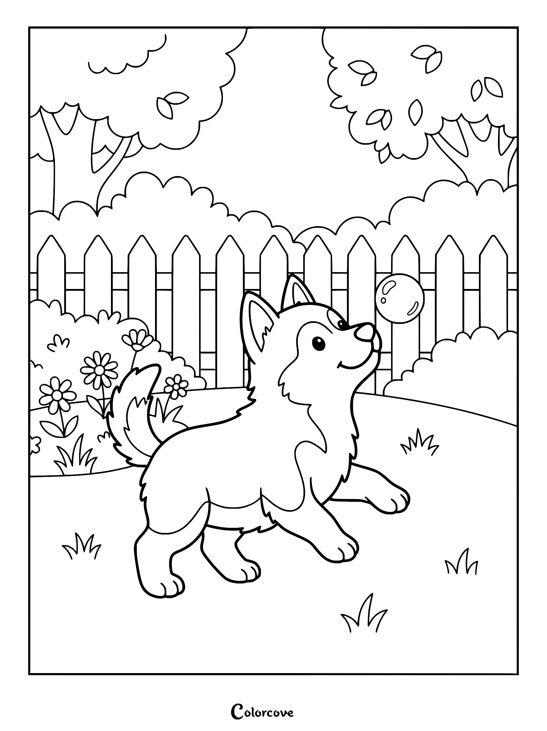 A cute puppy chasing a floating bubble in a garden, featured in a printable coloring page.