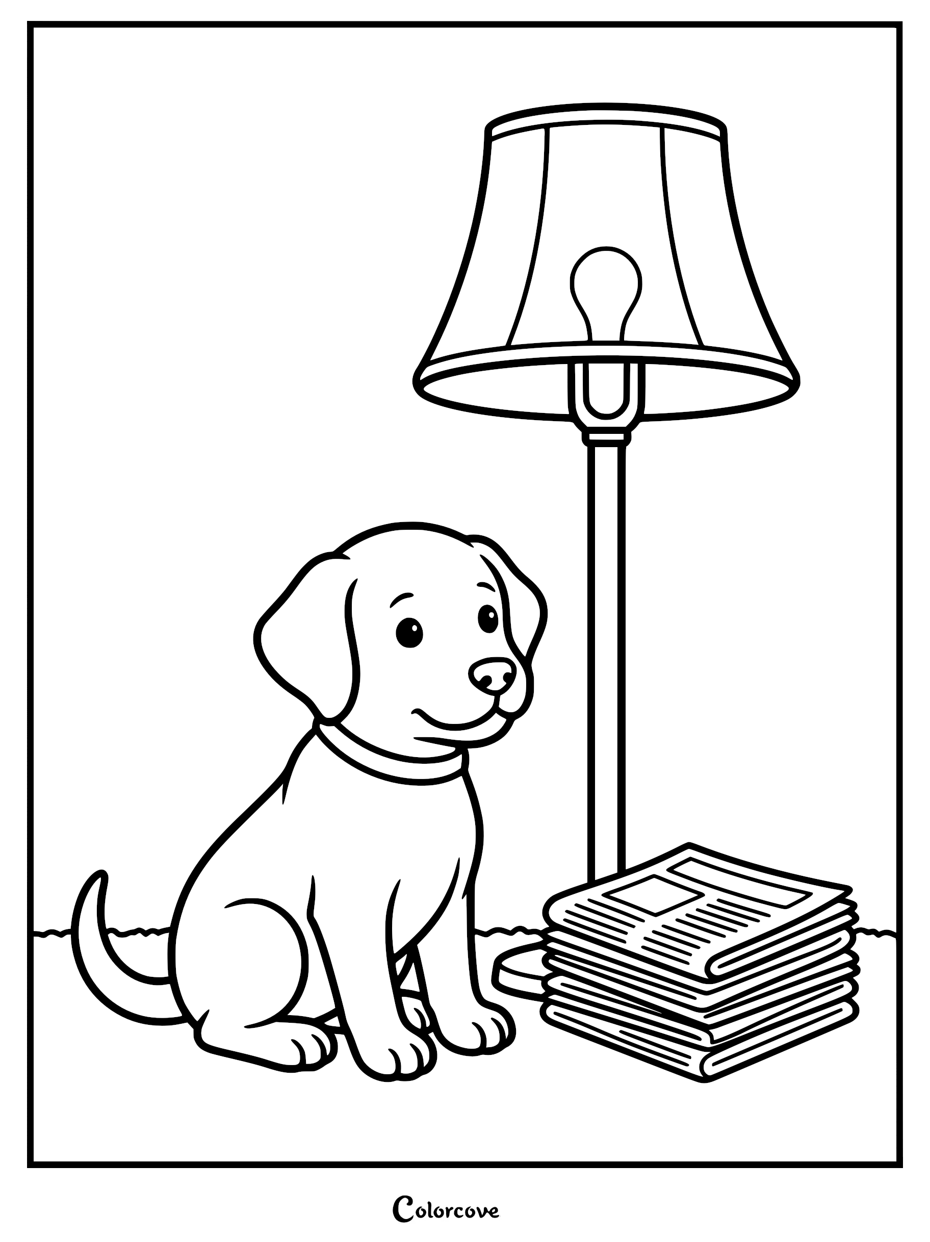 A cute puppy sitting on the floor next to a tall floor lamp and a stack of newspapers in this printable coloring page.