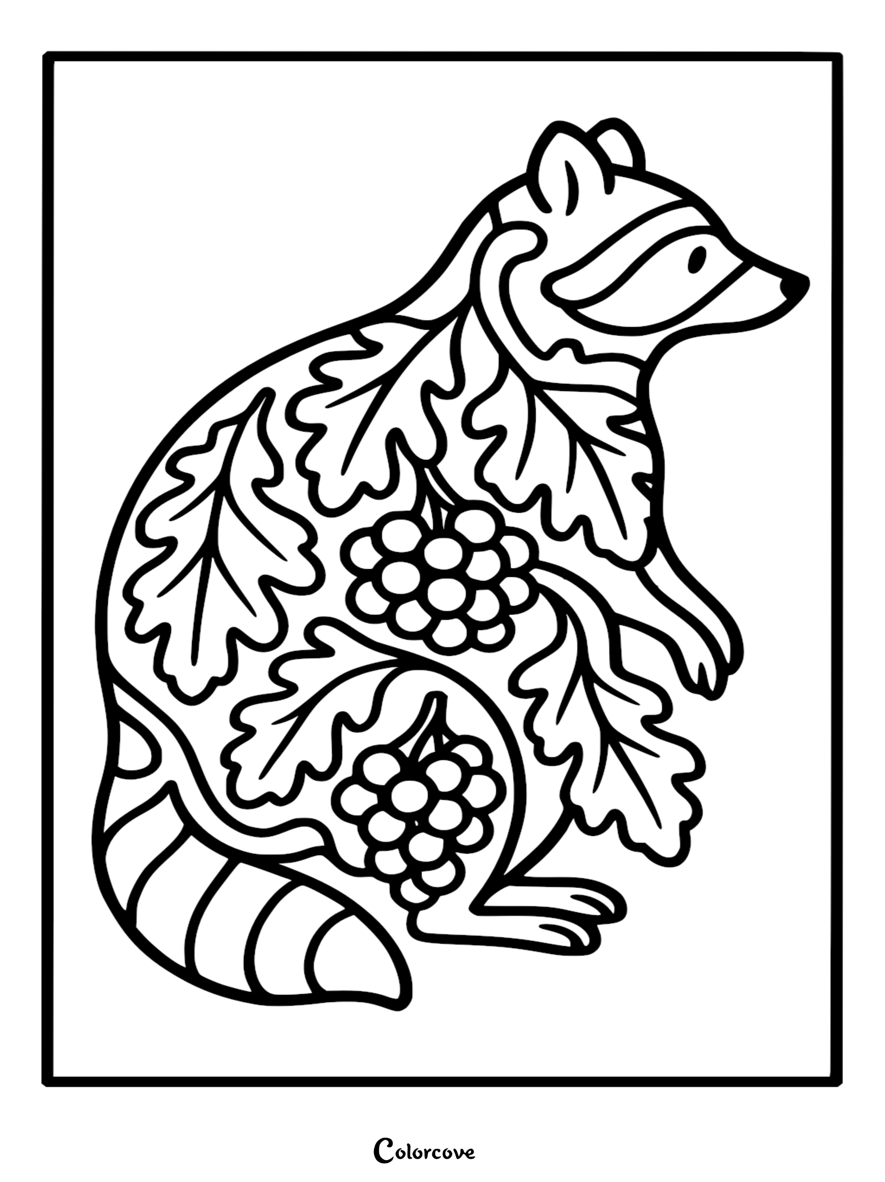 Detailed line art coloring page of a raccoon in profile, decorated with intricate oak leaves and round berry clusters inside its body, featuring a striped tail.