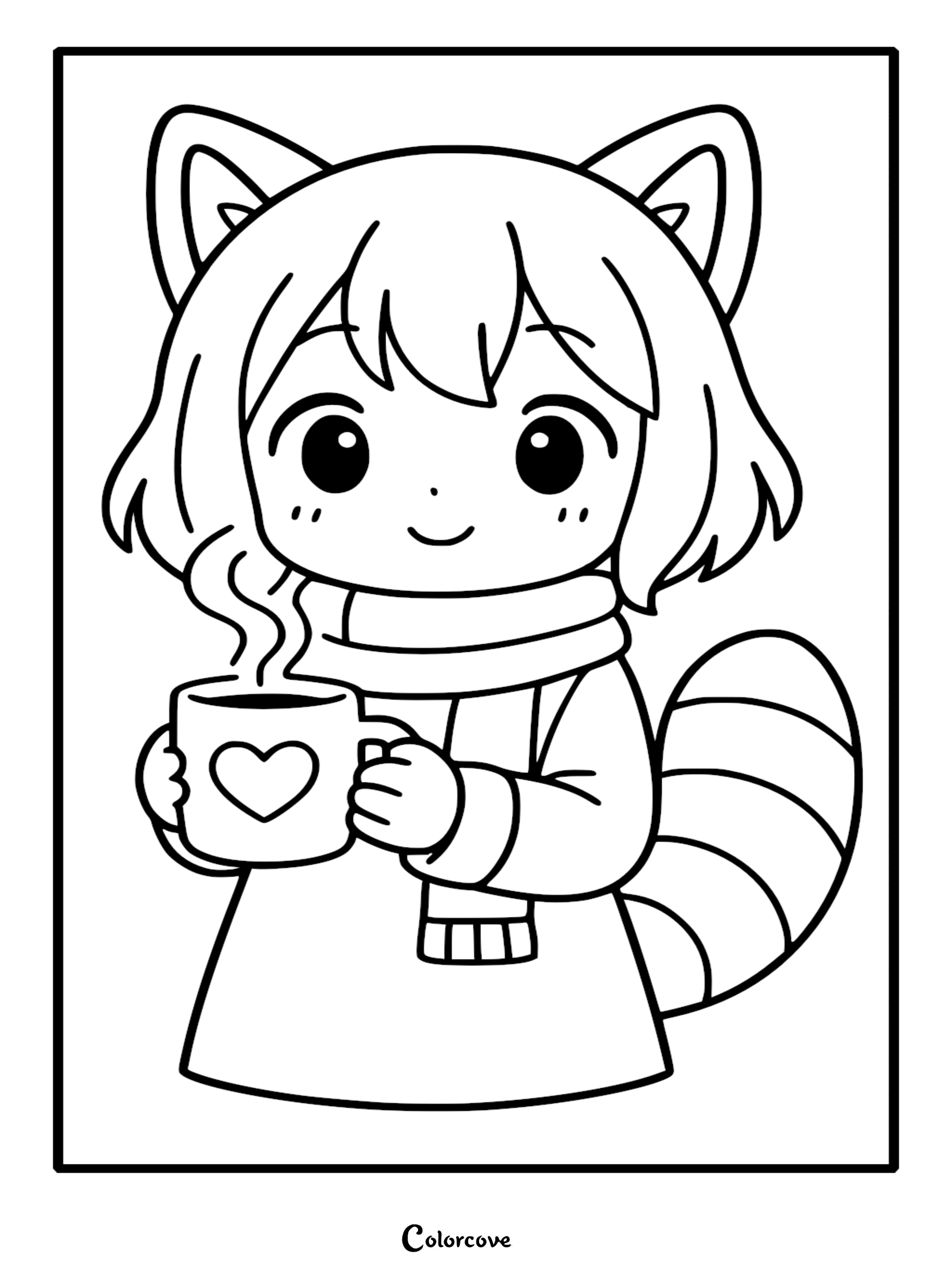 Chibi style cute raccoon girl coloring page featuring a striped tail, cozy scarf, and a steaming heart mug.